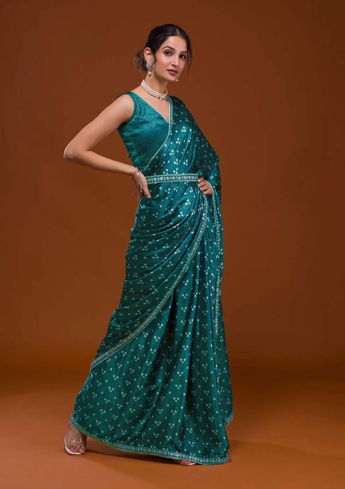 Women's Blue Satin Sequins Embroidery Lace Saree - Vamika