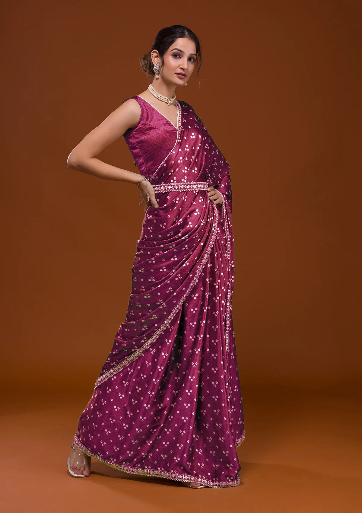 Women's Pink Satin Sequins Embroidery Lace Saree - Vamika