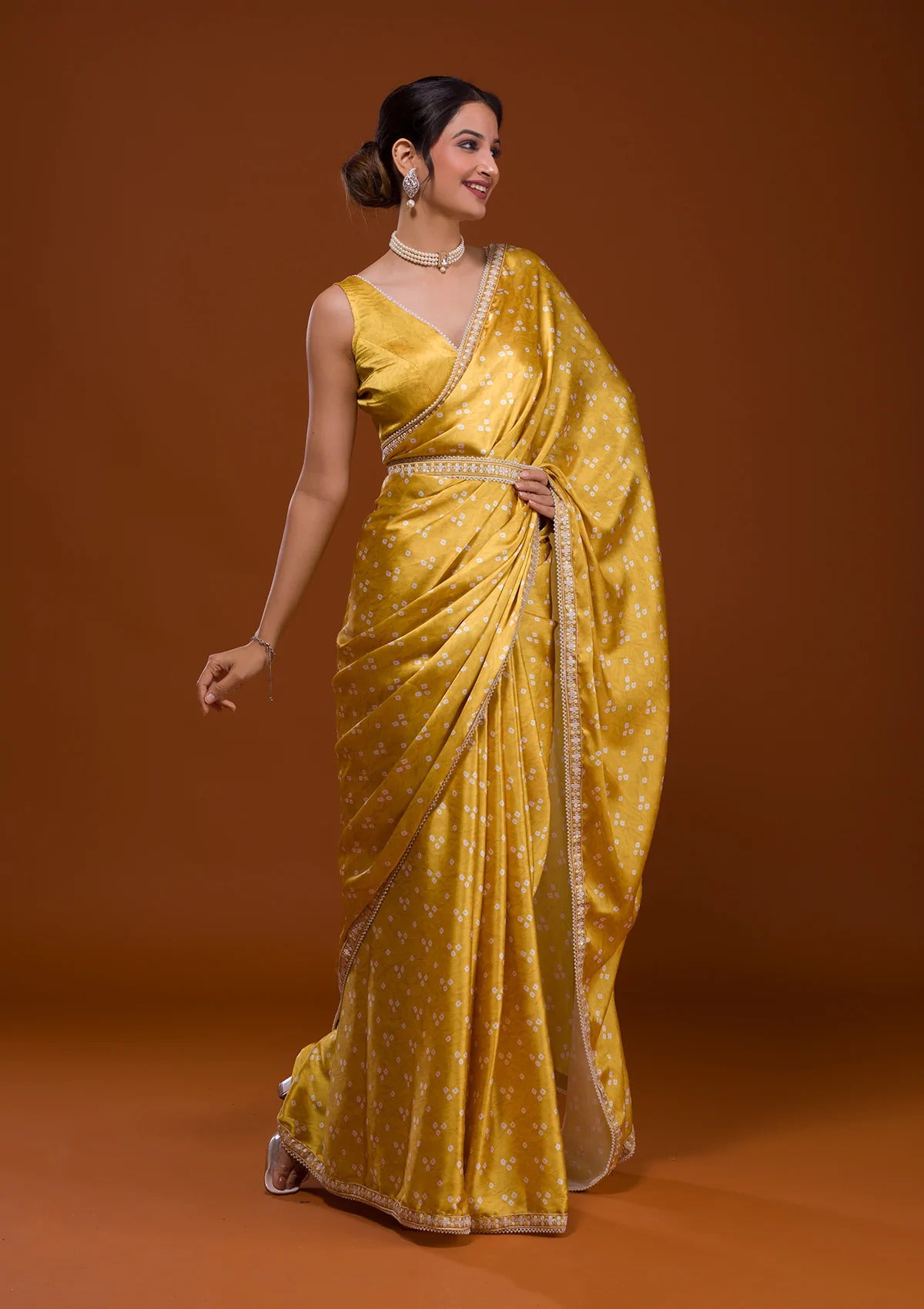 Women's Yellow Sequins Embroidery Lace Saree - Vamika
