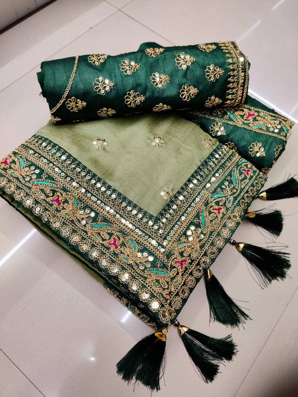 Women's Green Royal Vichitra Silk Sequins Saree - Vamika