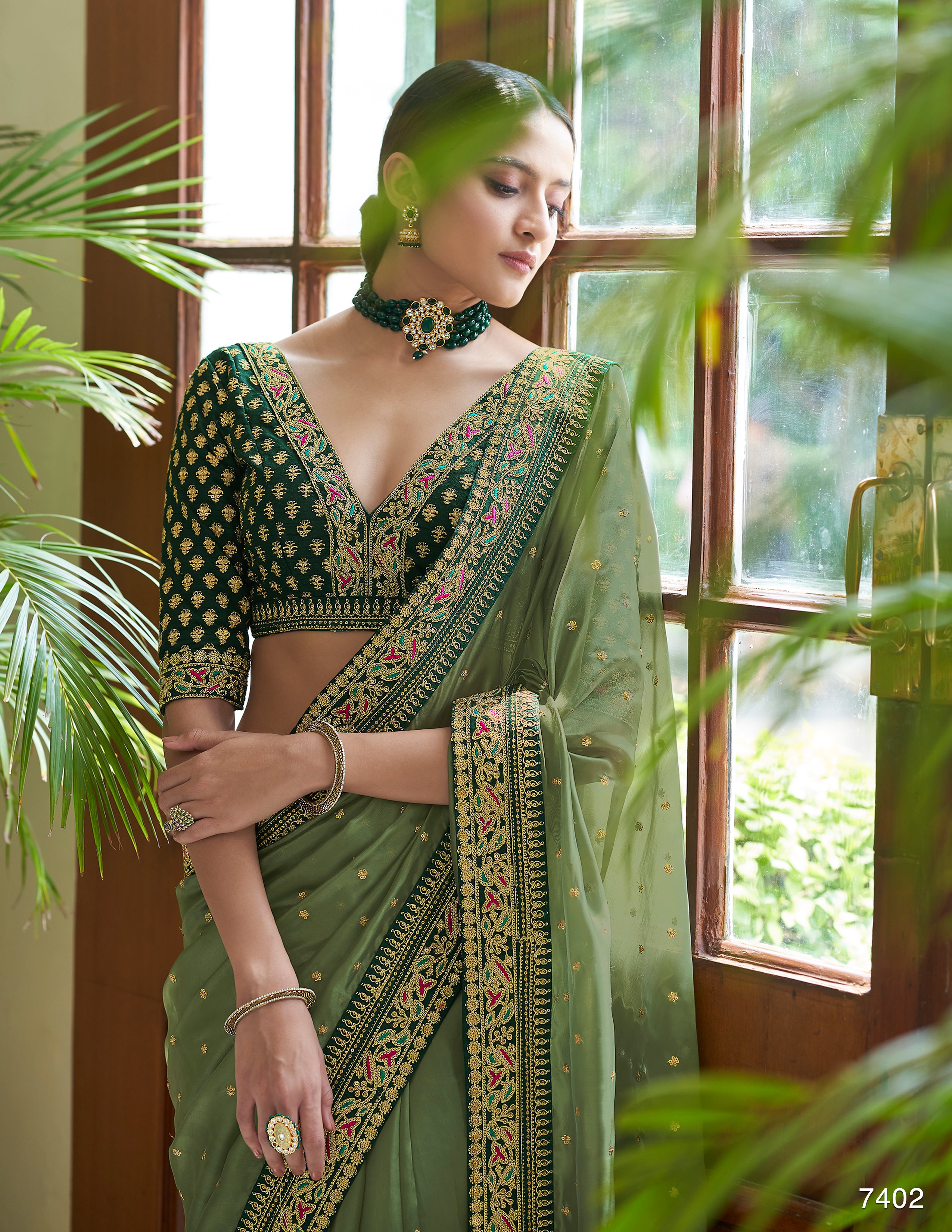 Women's Green Royal Vichitra Silk Sequins Saree - Vamika