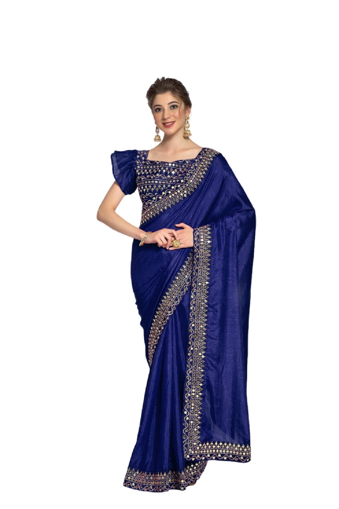 Women's Blue Bengalori Silk Embroidery With Sequence Work Saree - Vamika