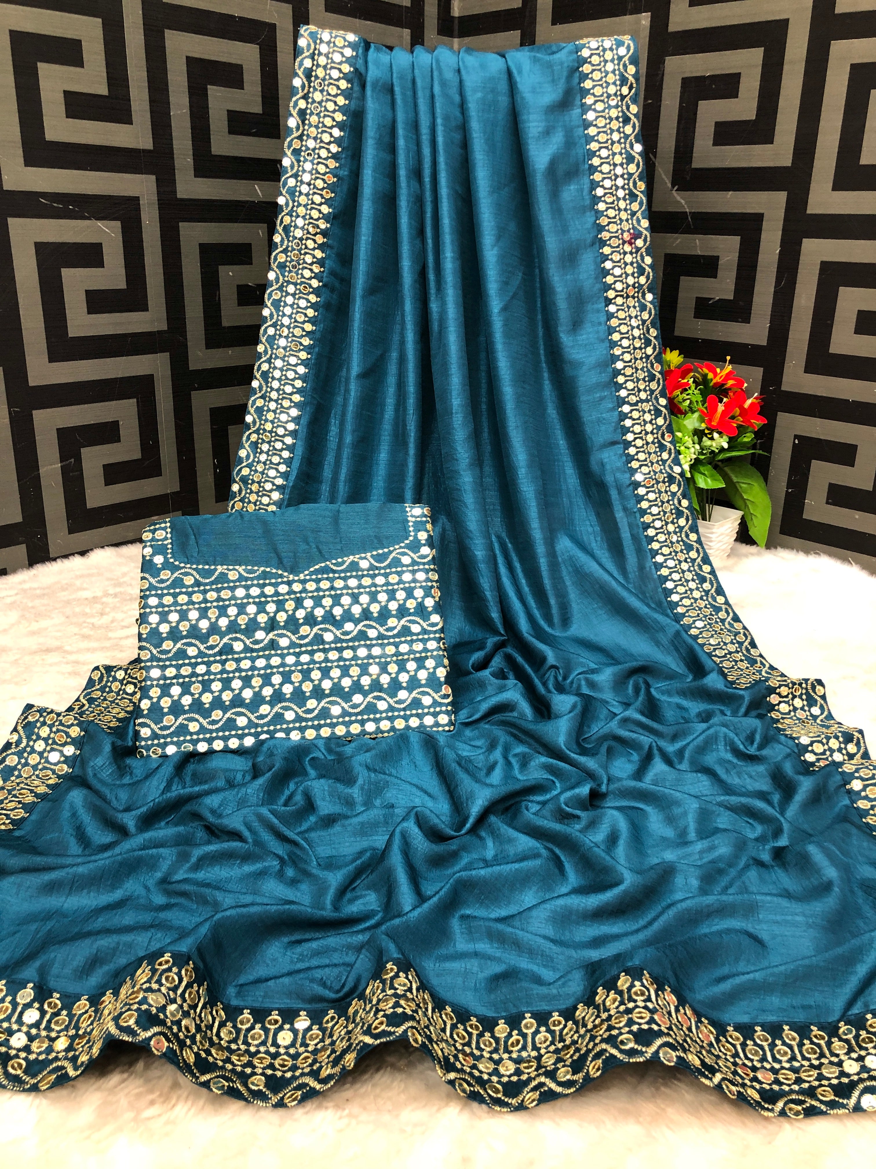Women's Blue Bengalori Silk Embroidery With Sequence Work Saree - Vamika