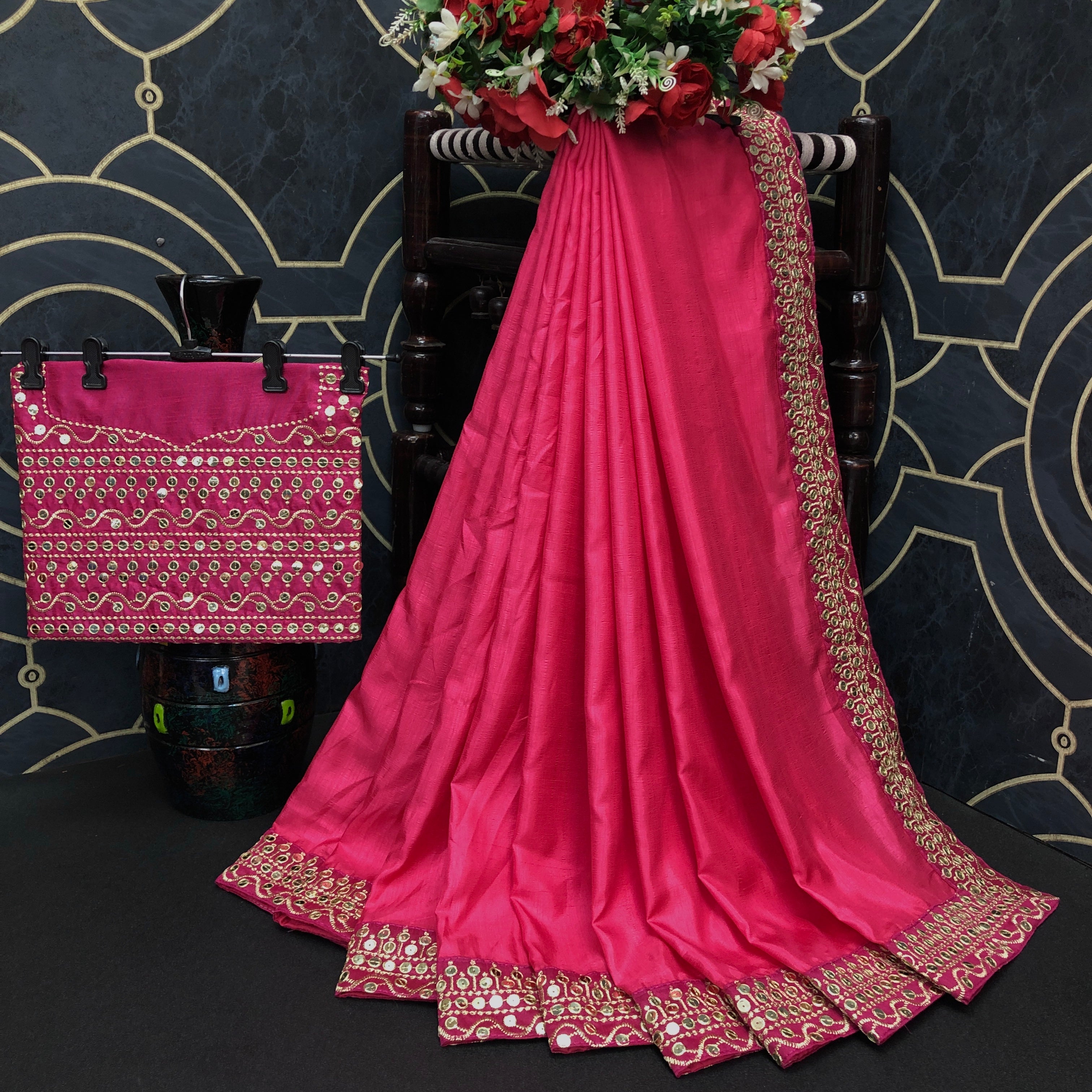 Women's Pink Bengalori Silk Embroidery With Sequence Work Saree - Vamika