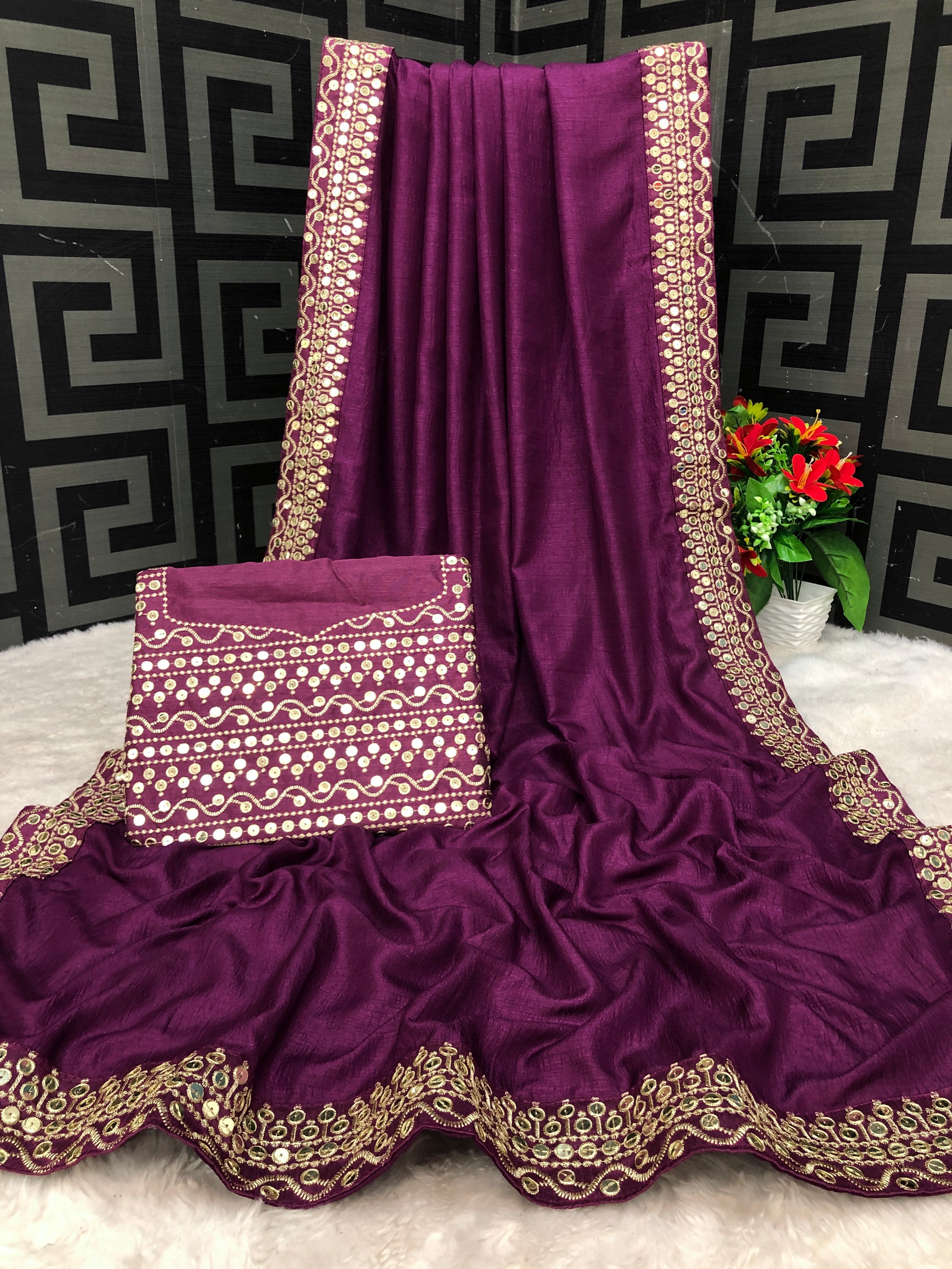 Women's Purple Bengalori Silk Embroidery With Sequence Work Saree - Vamika