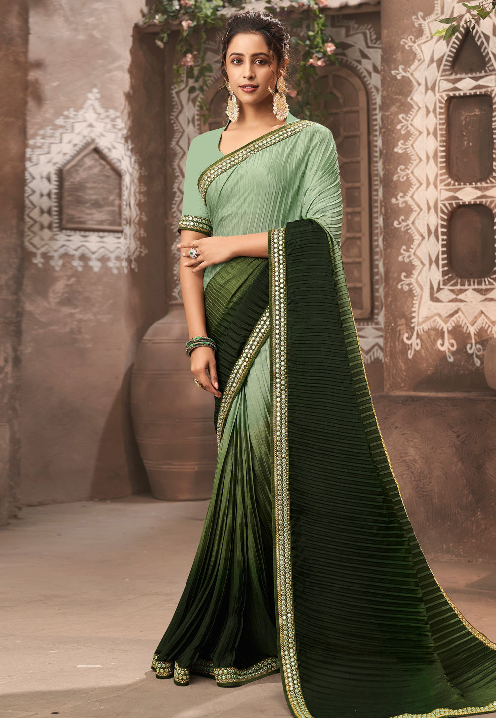 Women's Green Chinon Heavy Embroidery Mirror Kari Lace Work & Crush Saree - Vamika