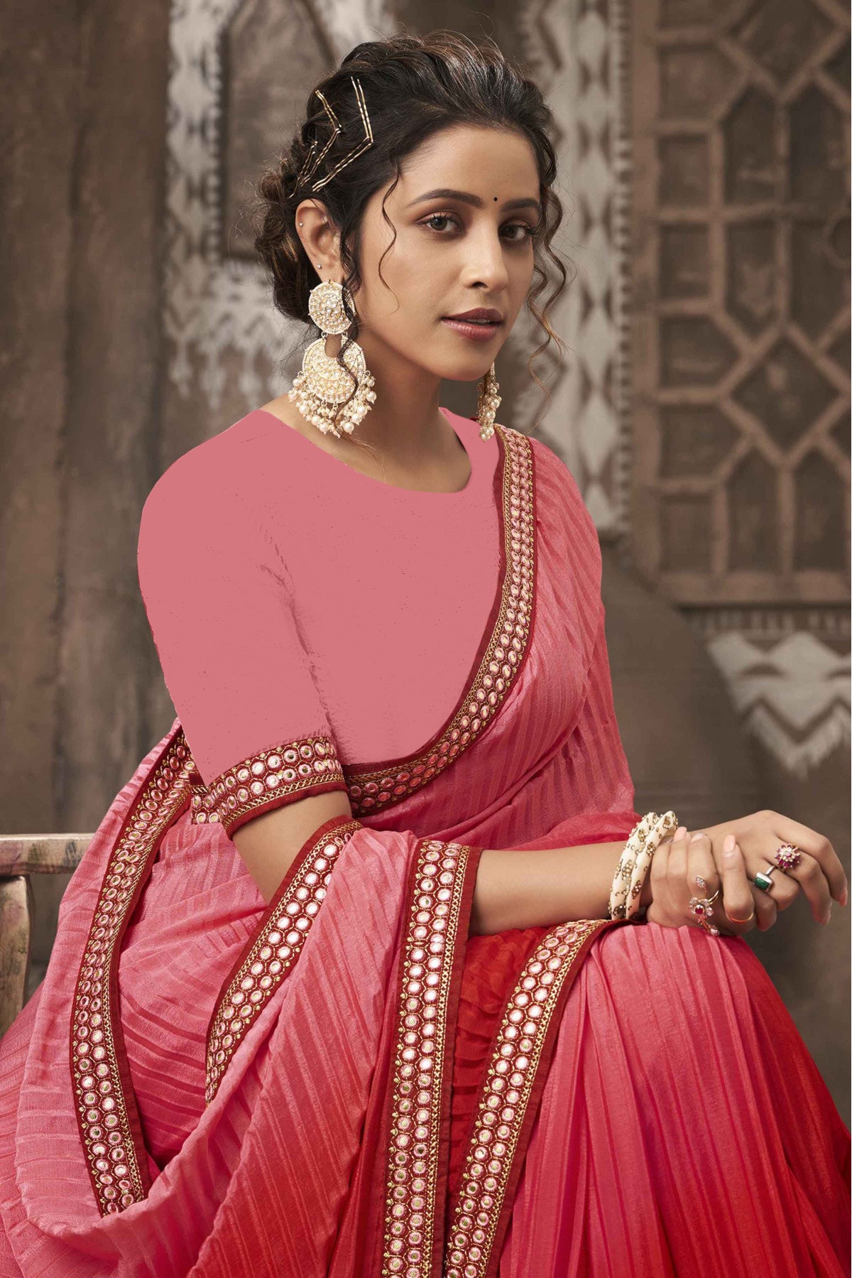 Women's Pink Chinon Heavy Embroidery Mirror Kari Lace Work & Crush Saree - Vamika