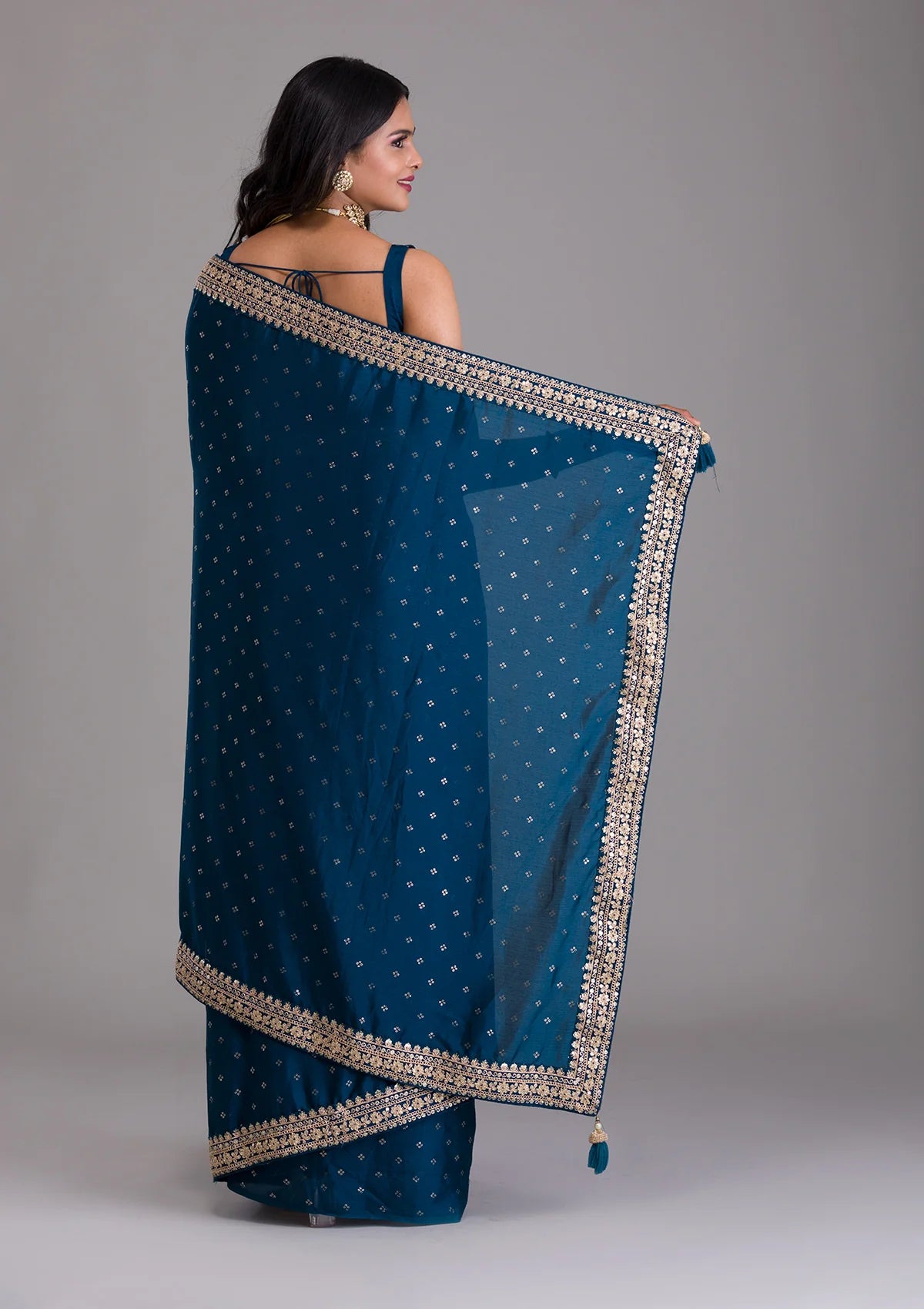 Women's Blue Chinon Zari Embroidery With Sequins Saree - Vamika