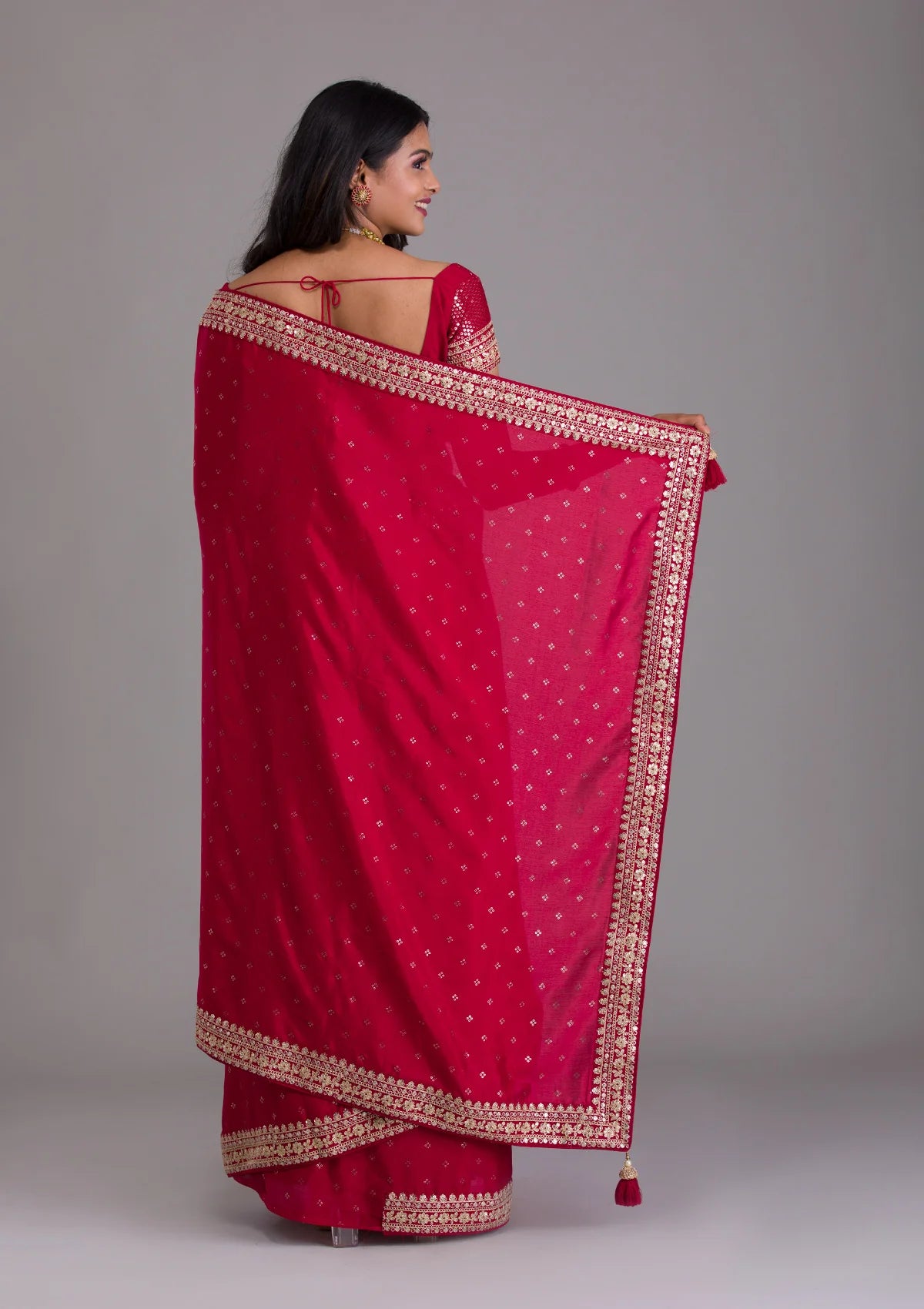 Women's Pink Chinon Zari Embroidery With Sequins Saree - Vamika