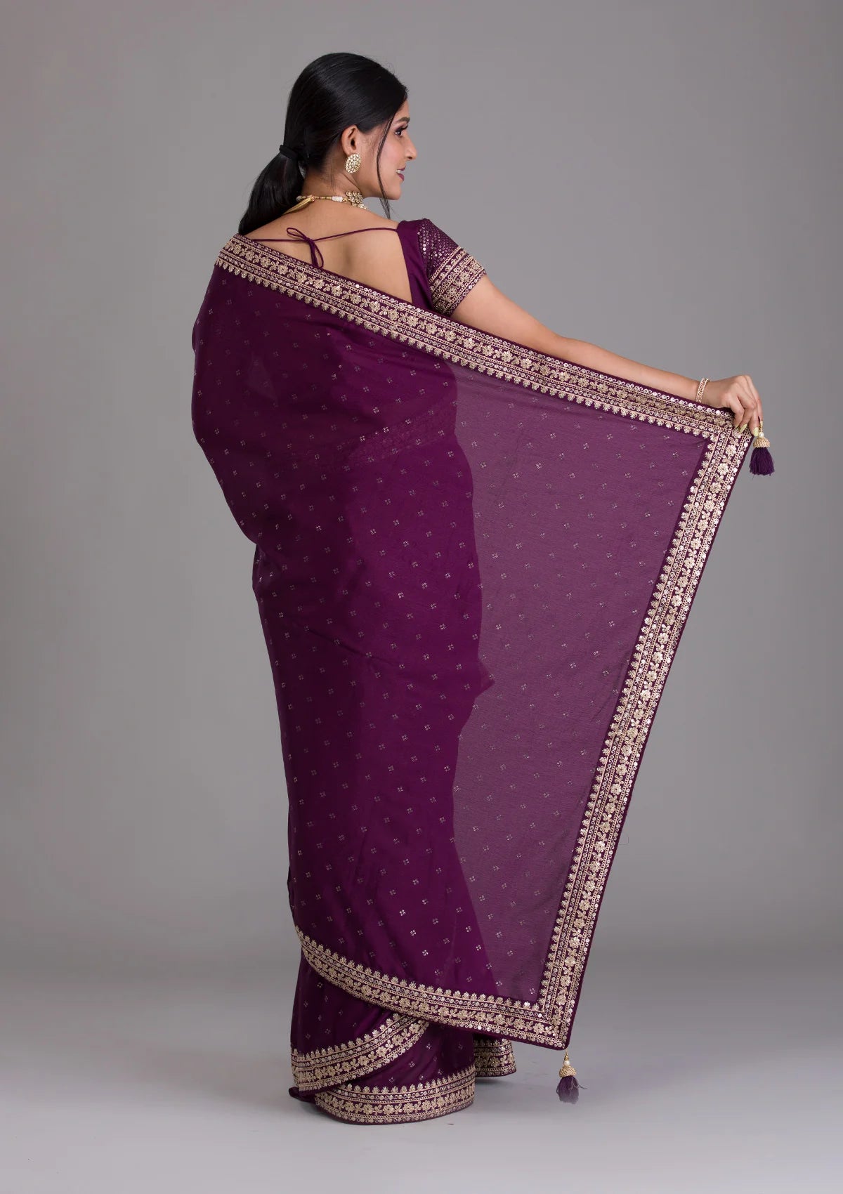 Women's Purple Chinon Zari Embroidery With Sequins Saree - Vamika