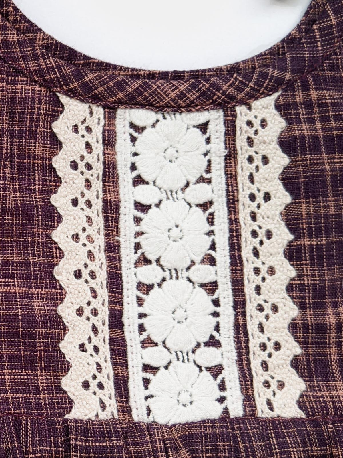 Girl's Deep Wine Cotton Romper with Crochette Lace  - HALEMONS