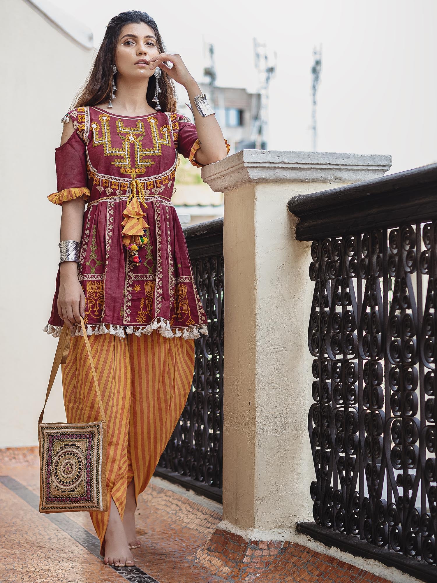 Women's Deep wine foke motif embroidered kedia with yellow striped tulip pant