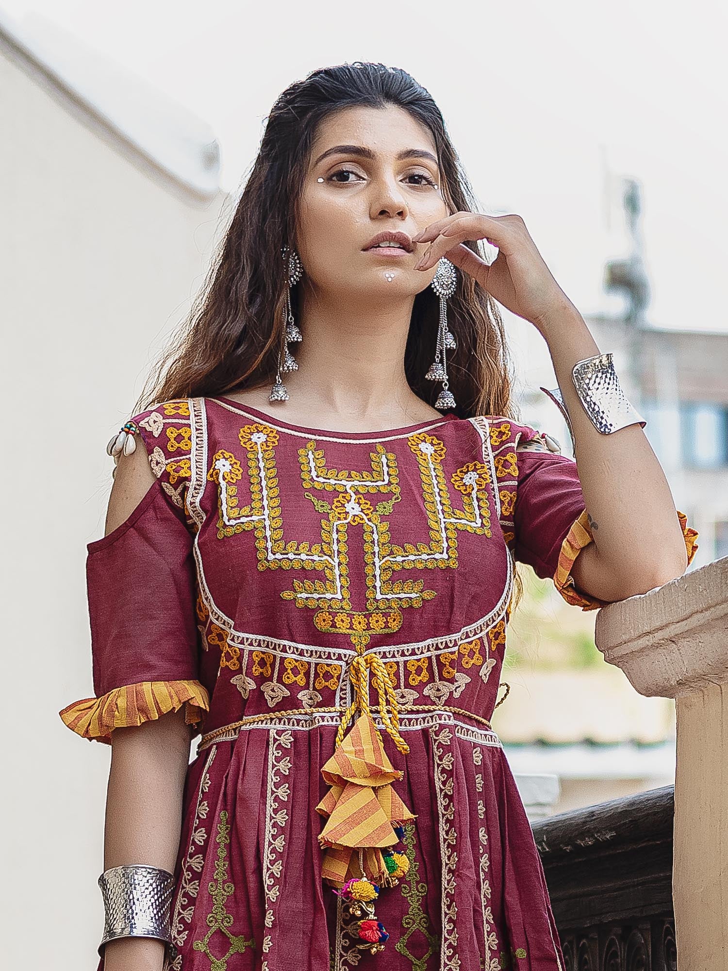 Women's Deep wine foke motif embroidered kedia with yellow striped tulip pant