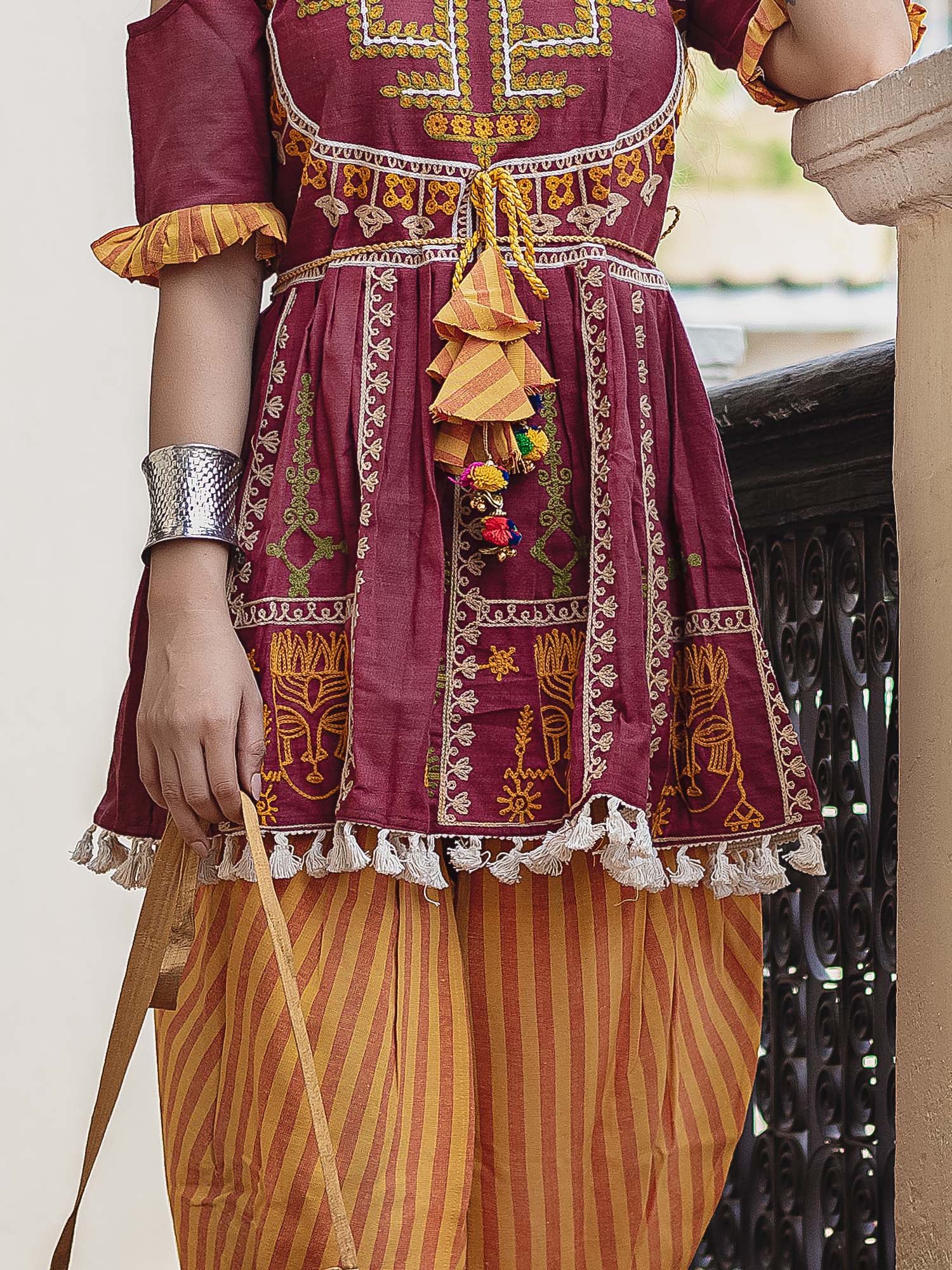 Women's Deep wine foke motif embroidered kedia with yellow striped tulip pant