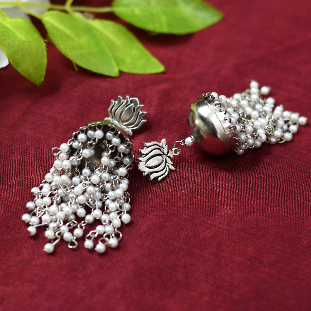 Johar Kamal Silver-Plated Lotus design Earrings with Pearls Jh