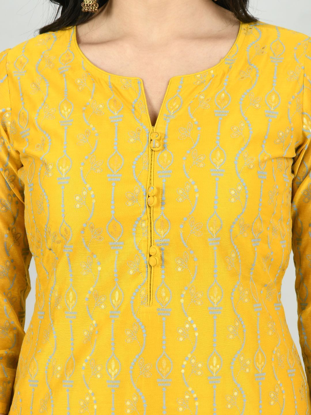 Women's Yellow Chanderi Printed 3/4 Sleeve Round Neck Casual Kurta Pant Set - Myshka