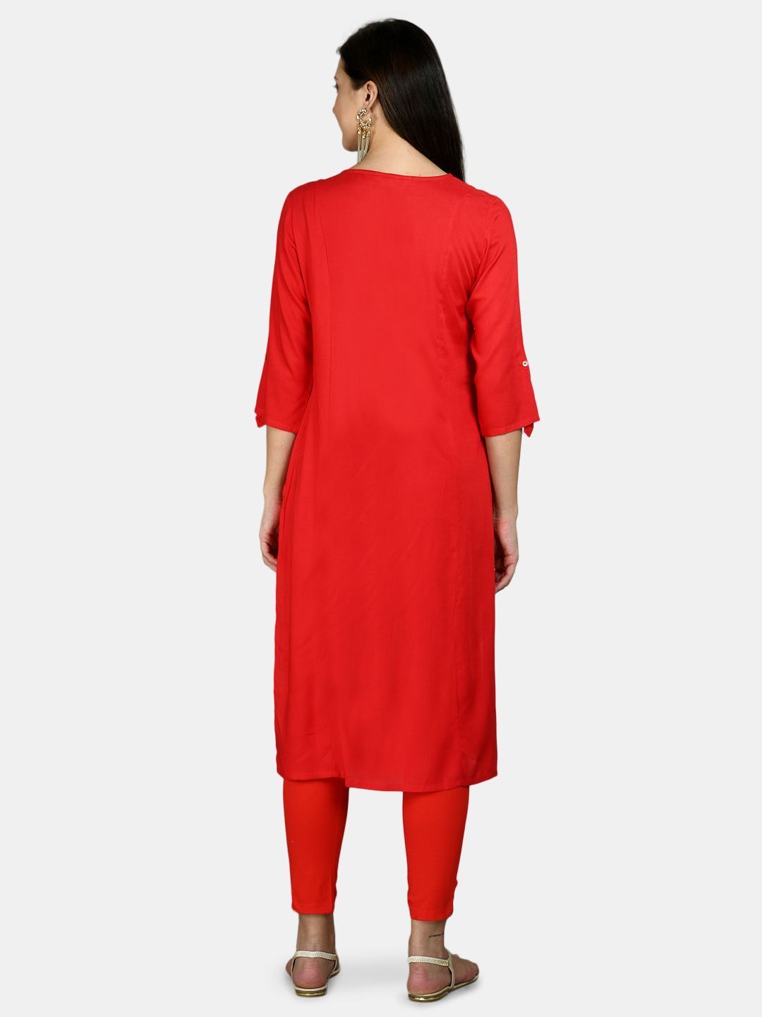 Women's Red Cotton Solid 3/4 Sleeve Round Neck Casual Kurta Pant Dupatta Set - Myshka