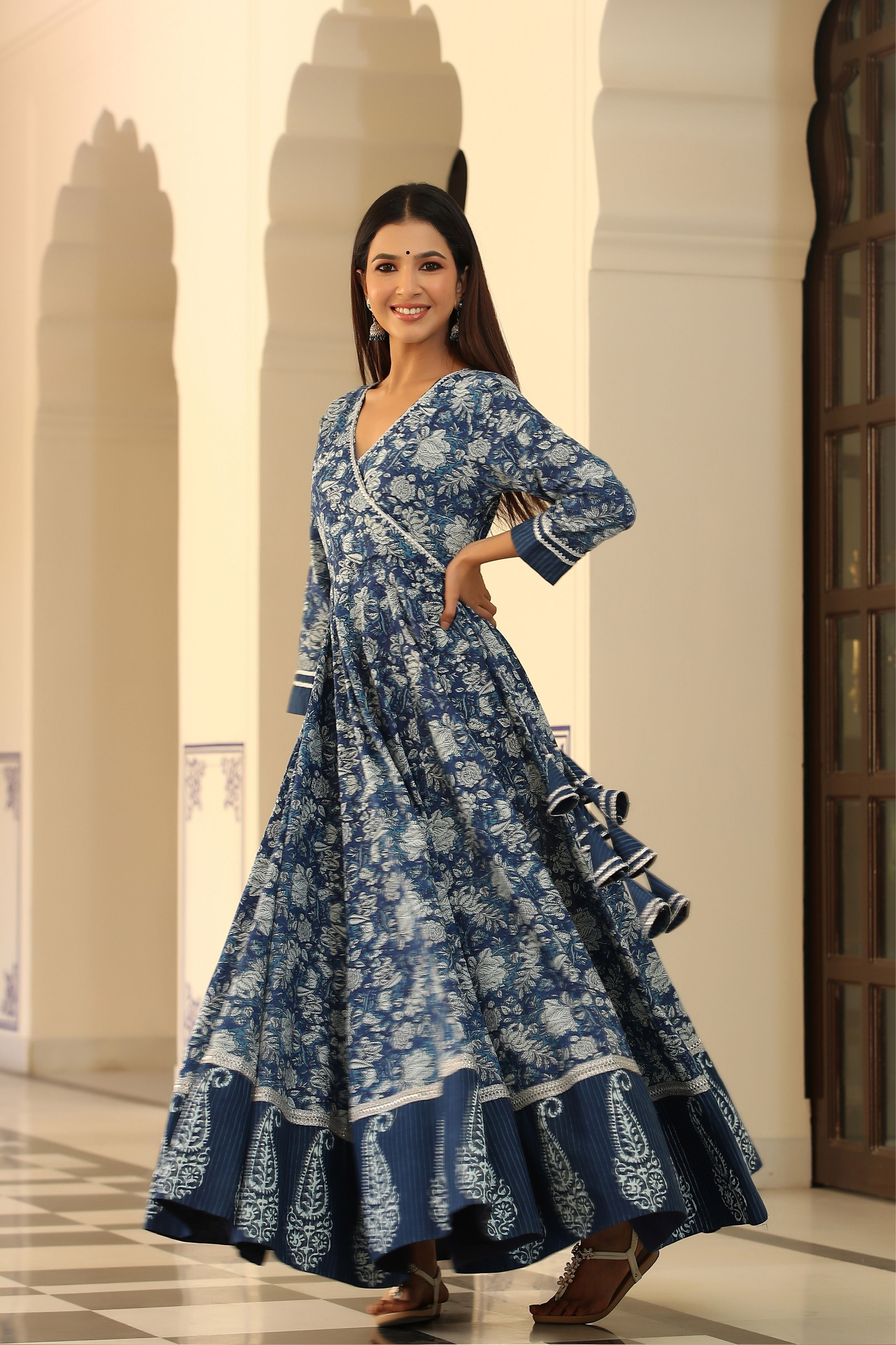 Women's Floral Indigo Angrakha Kalidar Dress-Gillori