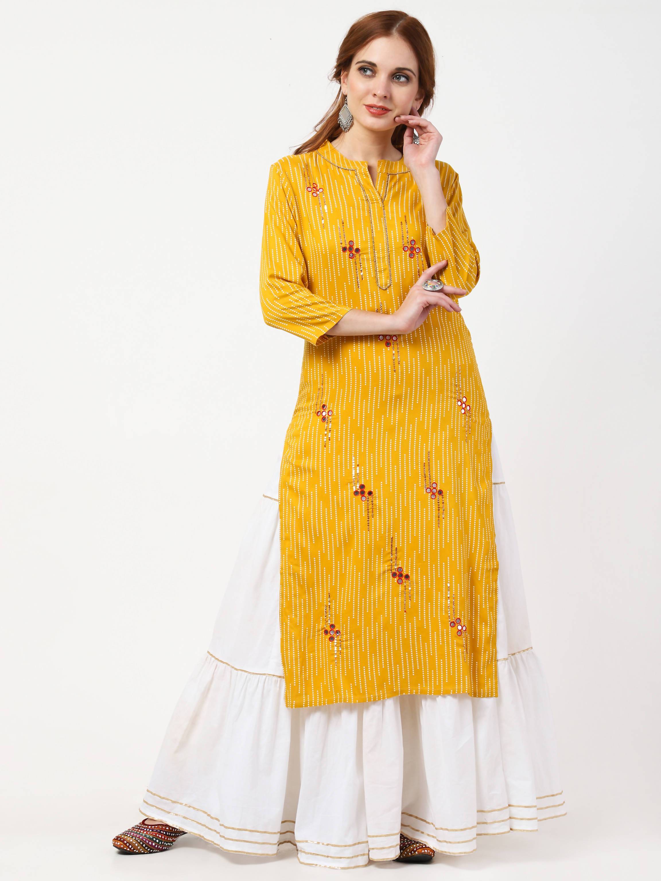 Women's Mustard Yellow & White Rayon Cotton Kurta Skirt & Dupatta Set - Cheera