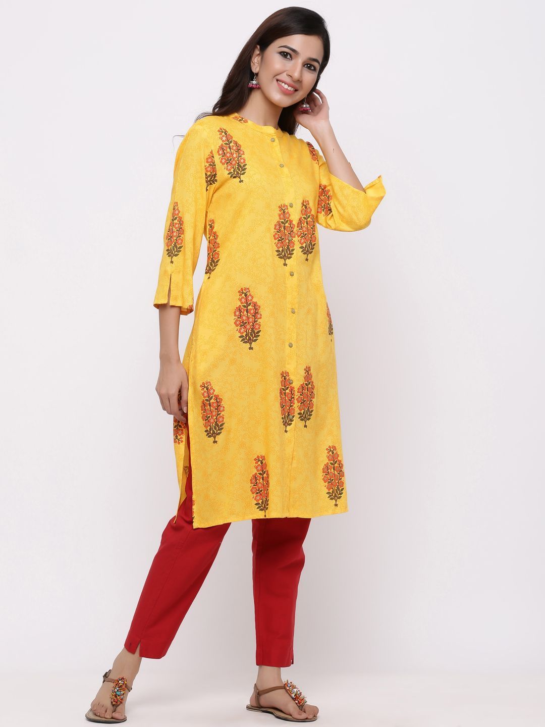 Women's Mustard Rayon Printed A-Line Kurta - Juniper