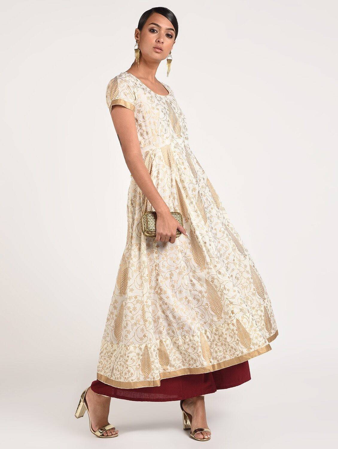 Women's Off-White Cotton Fancy Full Ghera Party Wear Anarkali Kurta Only - Cheera