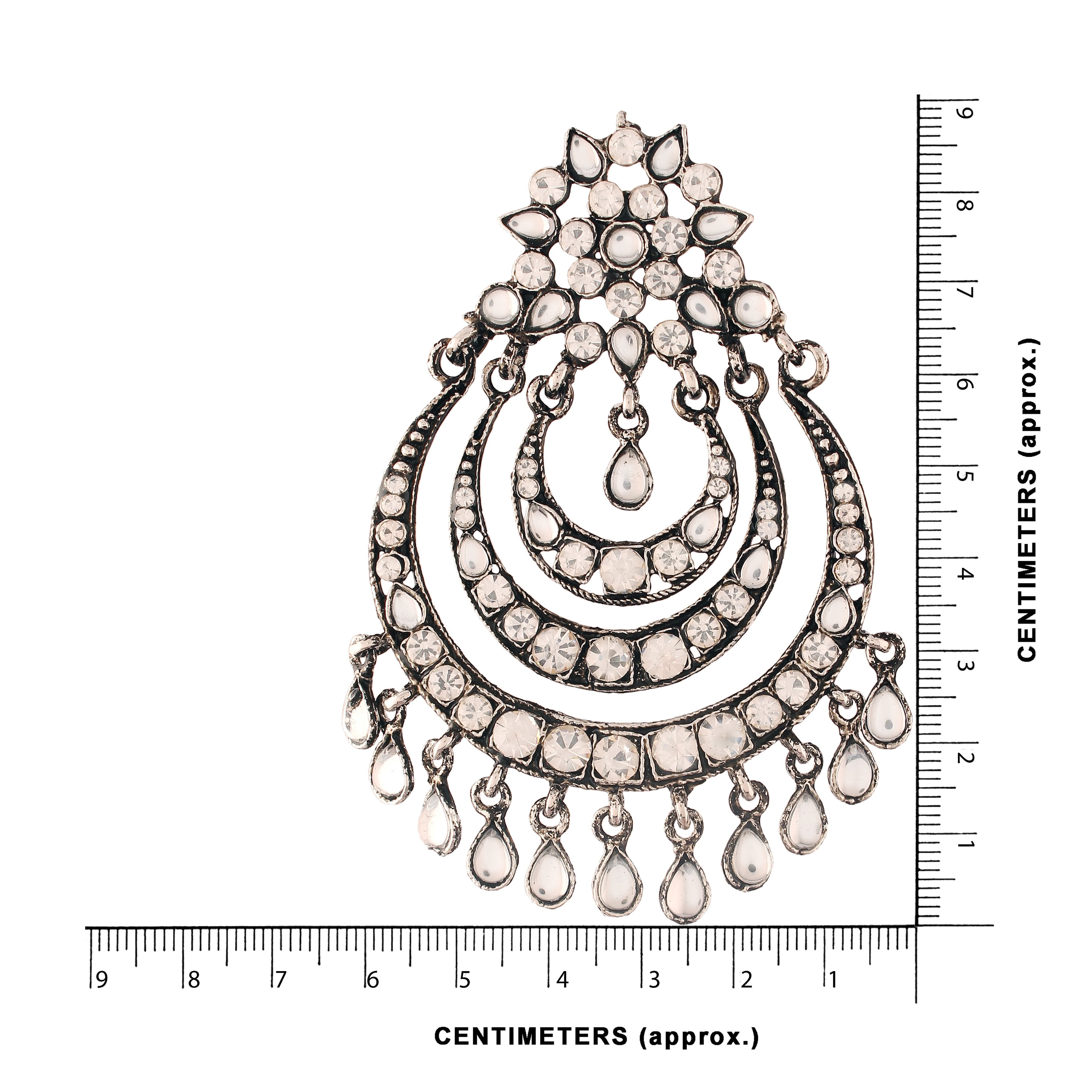 Women's  Silver Oxidised Traditional Stone Studded Chandbali Earrings - i jewels