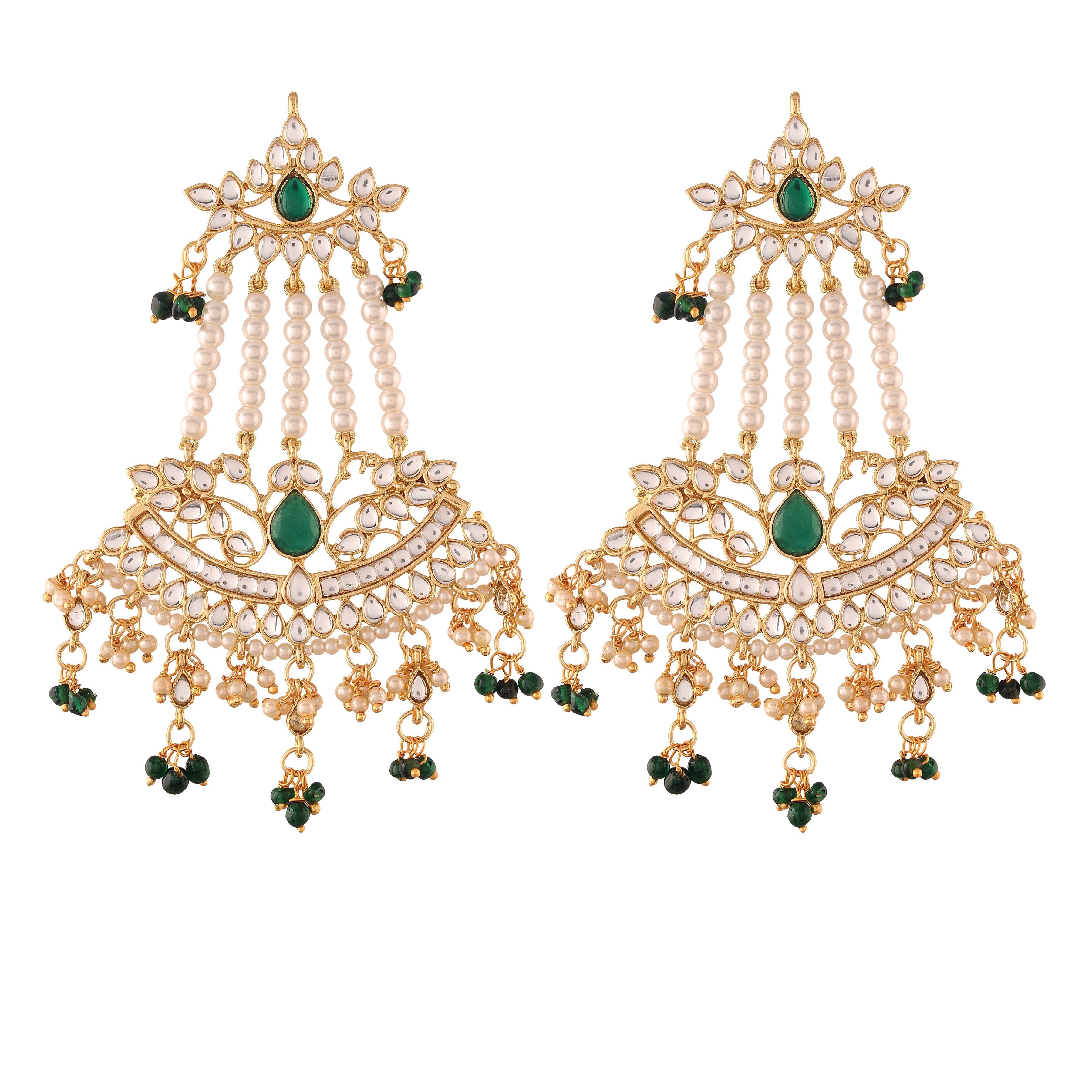 Women's  Gold Plated Traditional Kundan & Pearl Dangler Drop Paasa Green Earrings - i jewels