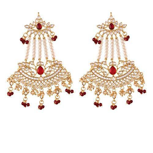 Women Golden Traditional Kundan & Pearl Dangler Drop Maroon Earrings by I Jewels (1 Pair earrings)