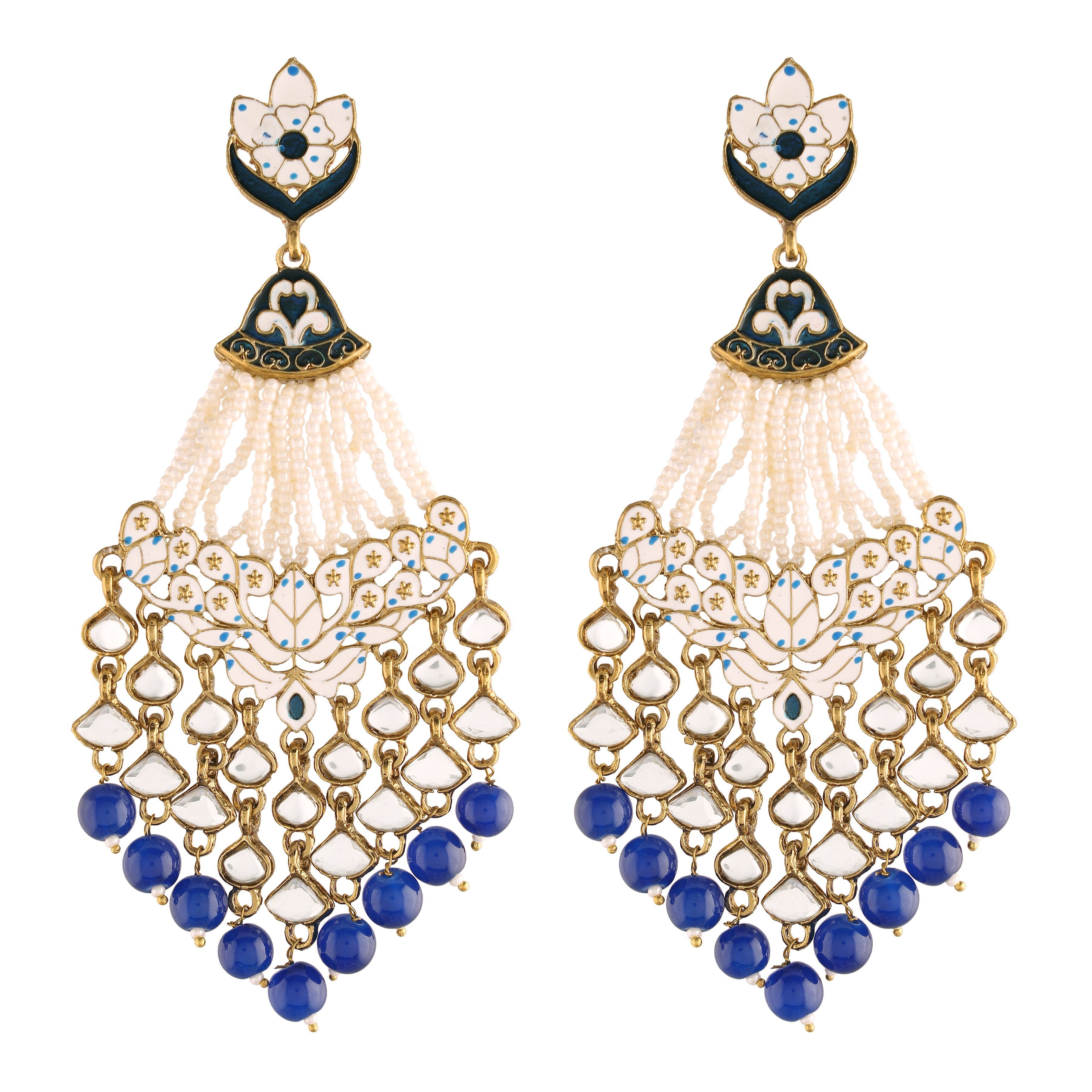 Women's  Blue Gold Plated Ethnic Meenakri Dangler Earrings Studded With Kundan - i jewels