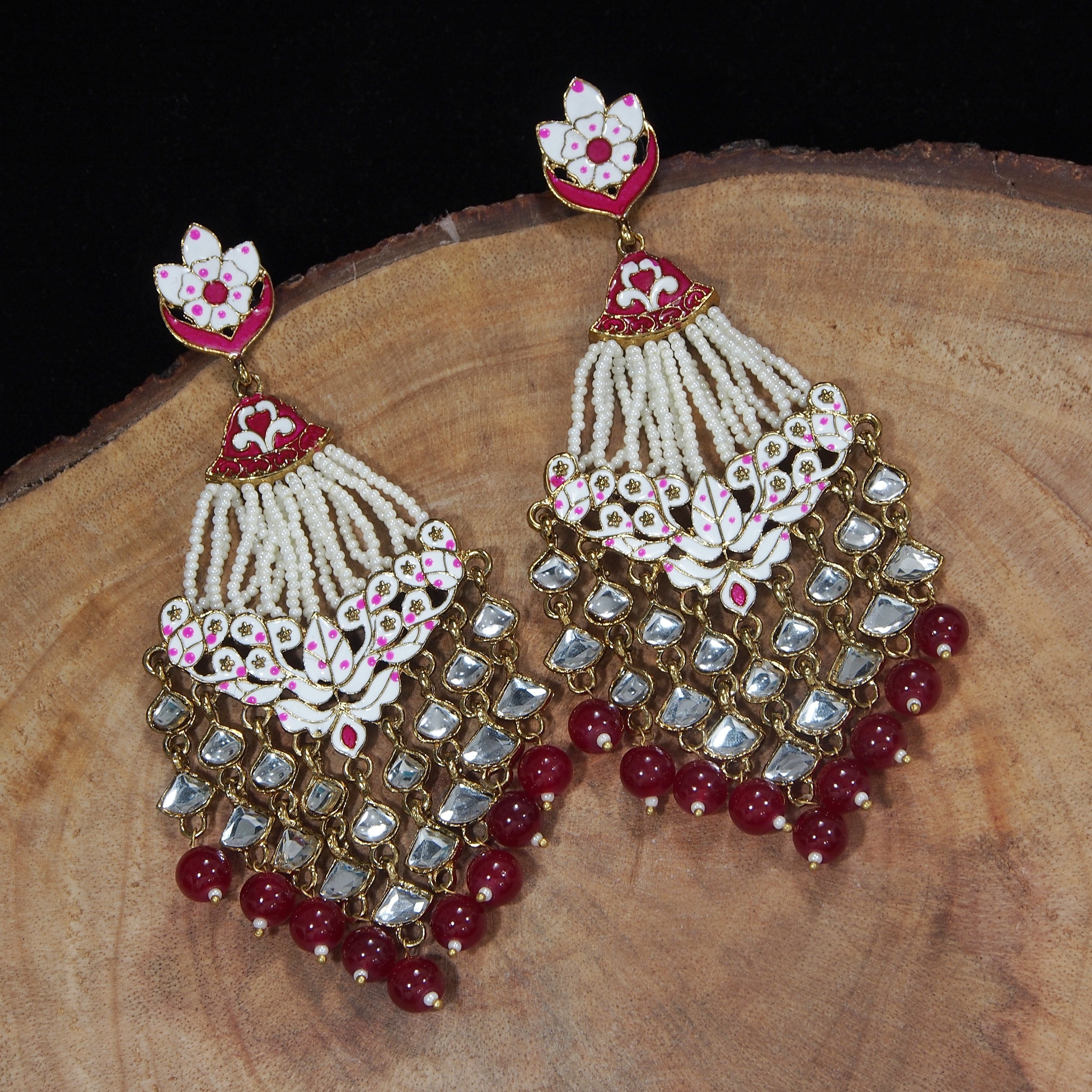 Women's Maroon Gold Plated Ethnic Meenakari Dangler Earrings Studded With Kundan  - i jewels
