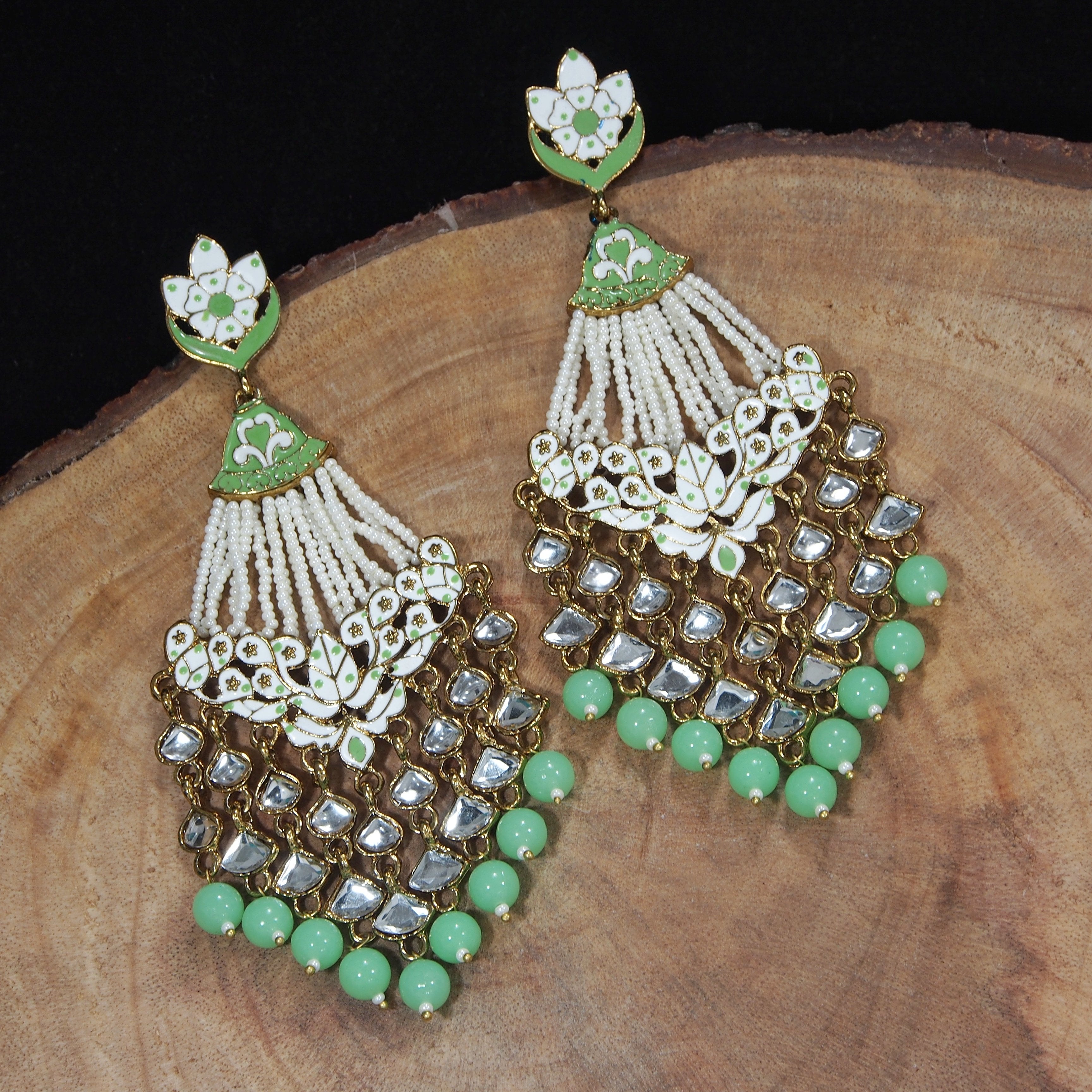 Women's Mint Gold Plated Ethnic Meenakari Dangler Earrings Studded With Kundan - i jewels