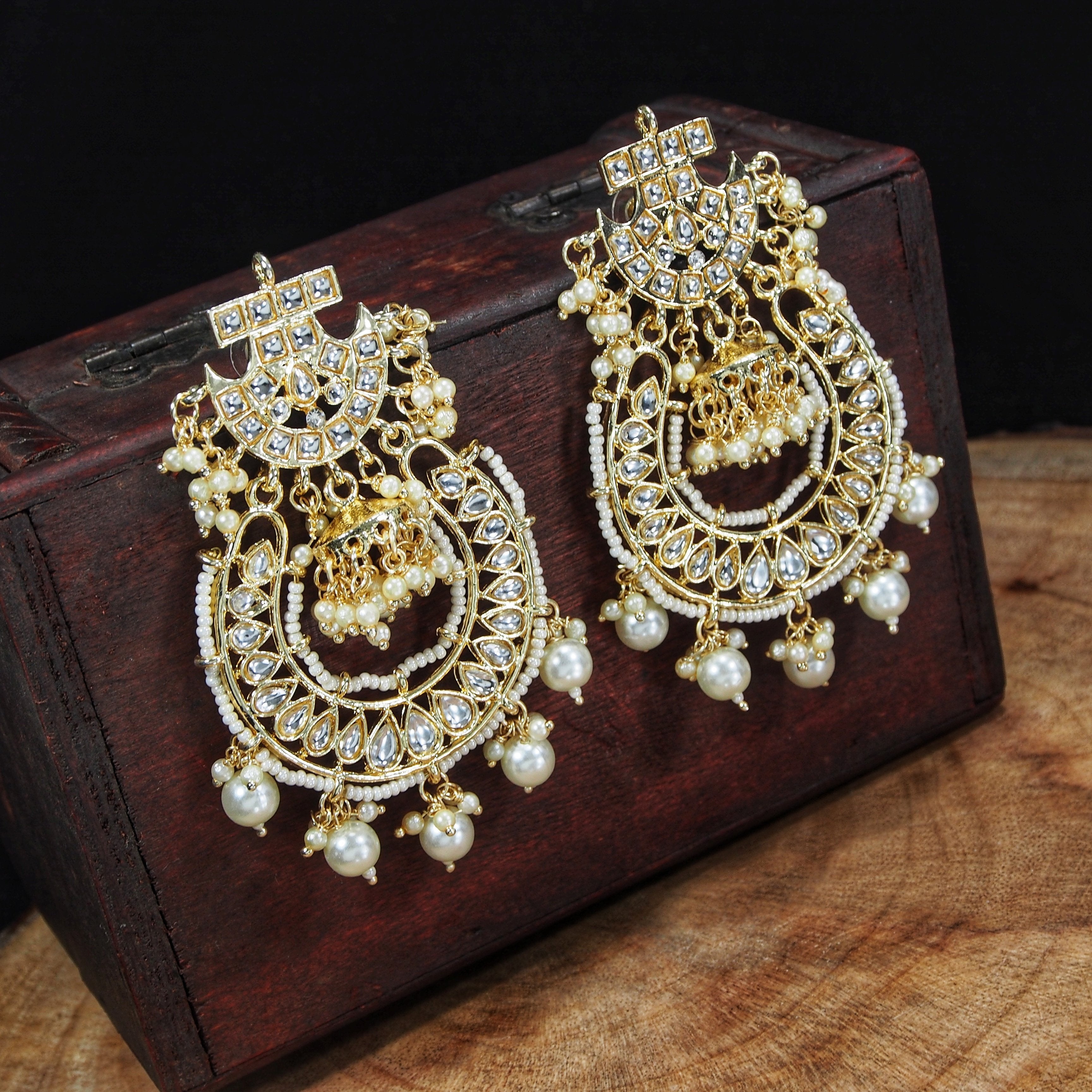 Women's  Gold Plated Kundan & Pearl Traditional Handcrafted White  Jhumki  - i jewels