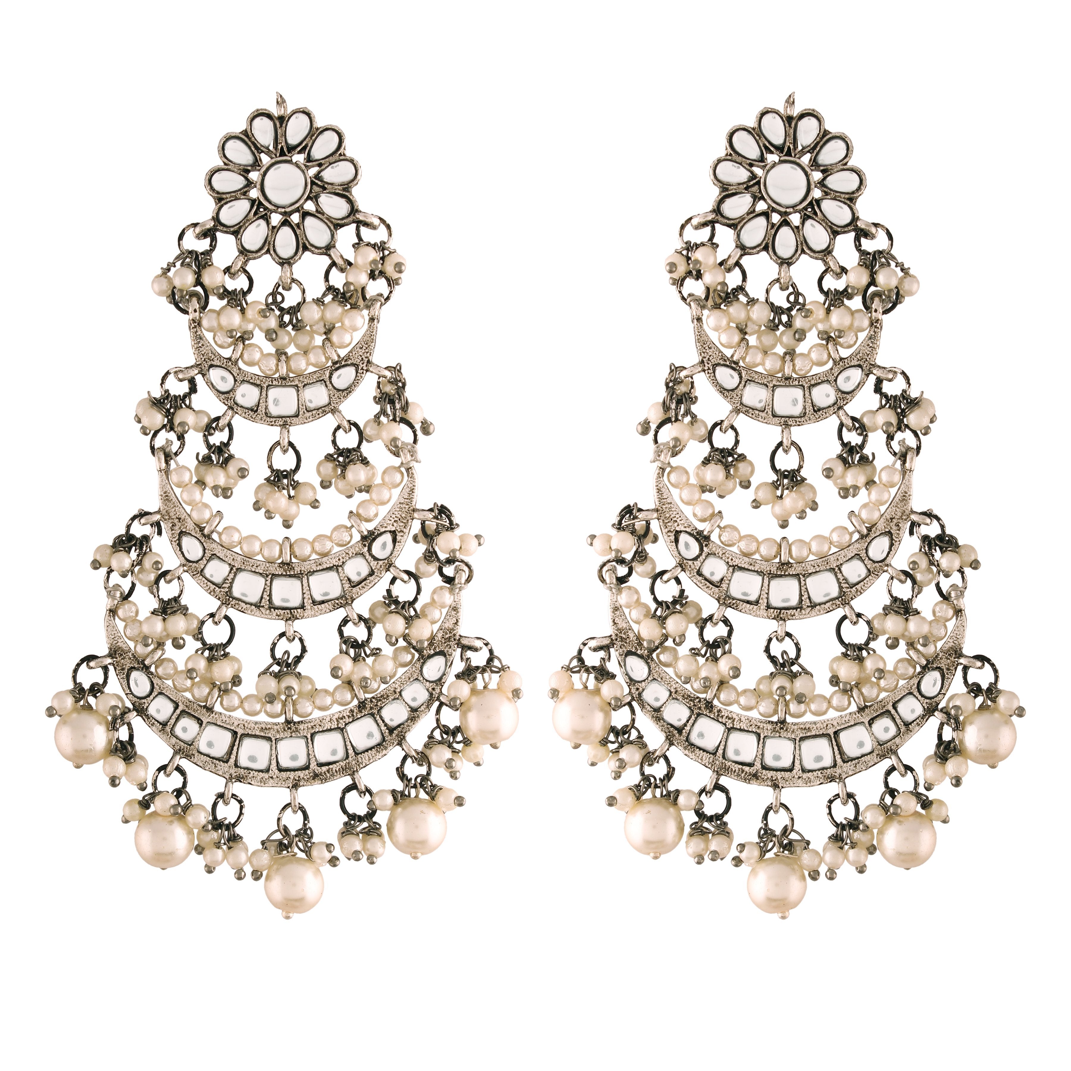 Women's  Silver Oxidised 3 Layered Chandbali Earrings With Kundan And Pearl Work  - i jewels