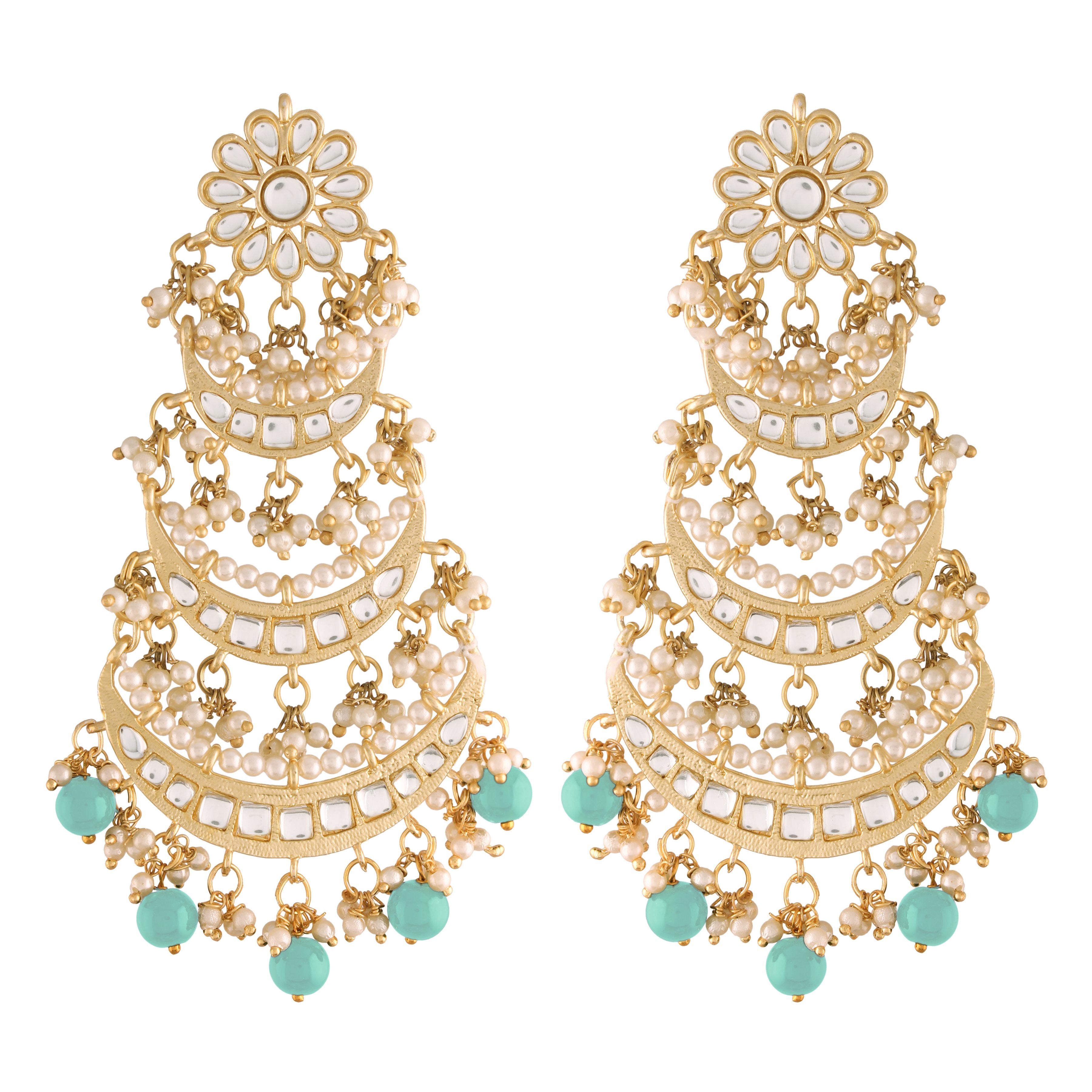 Women's Turquoise Gold Plated 3 Layered Beaded Chandbali Earrings With Kundan And Pearl Work  - i jewels