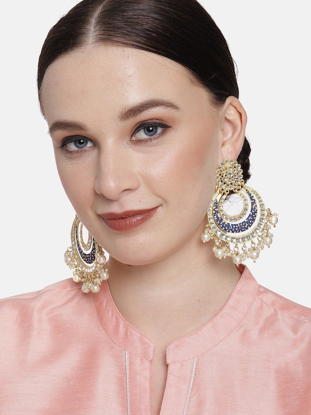 Women's  Black Handmade Royal Blue Enamel/Meenakari Kundan & Pearl Studded Earrings - i jewels