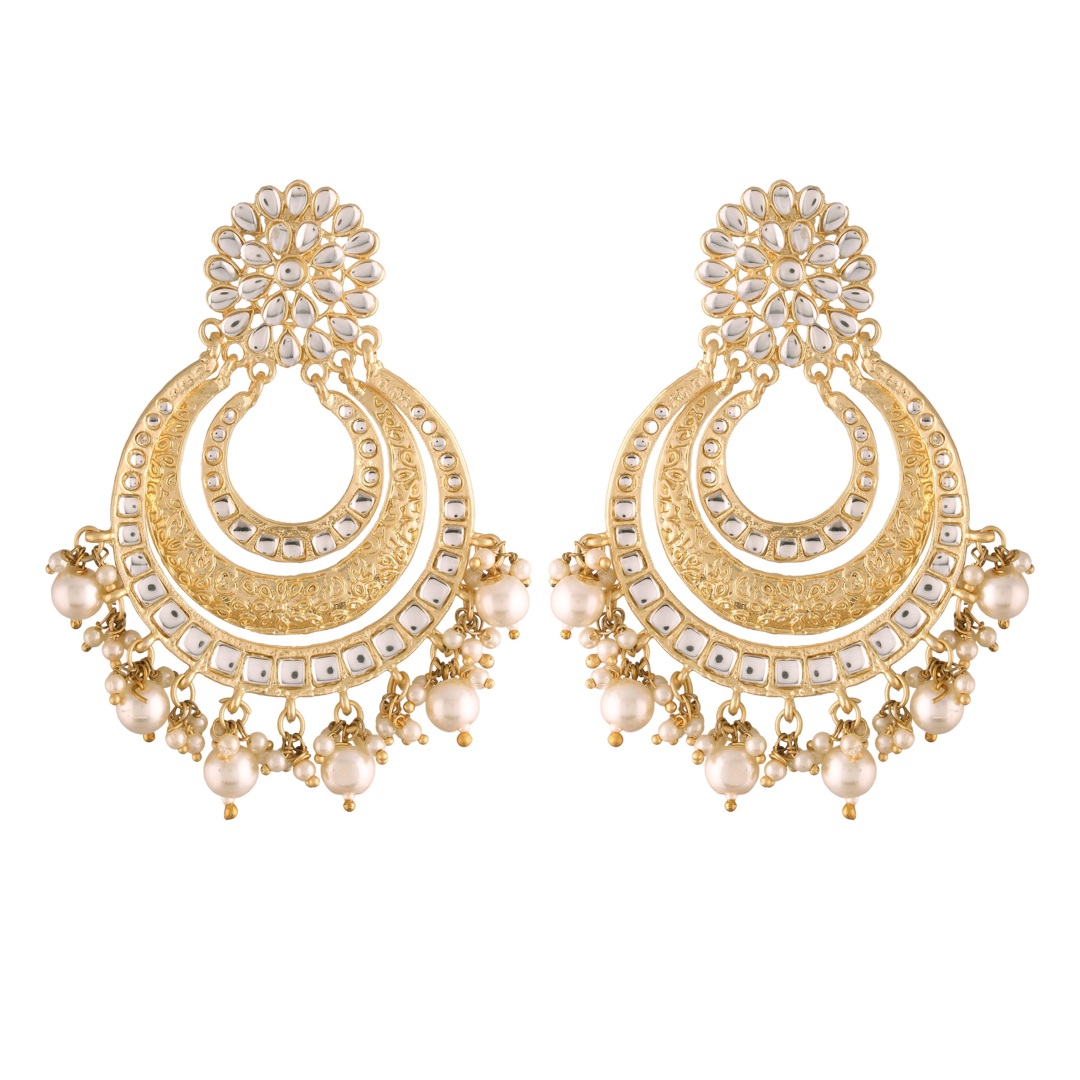 Women's  High Gold Matt Finish Plated Alloy Chandbali Kundan And Pearl Meenakari  Earrings  - i jewels
