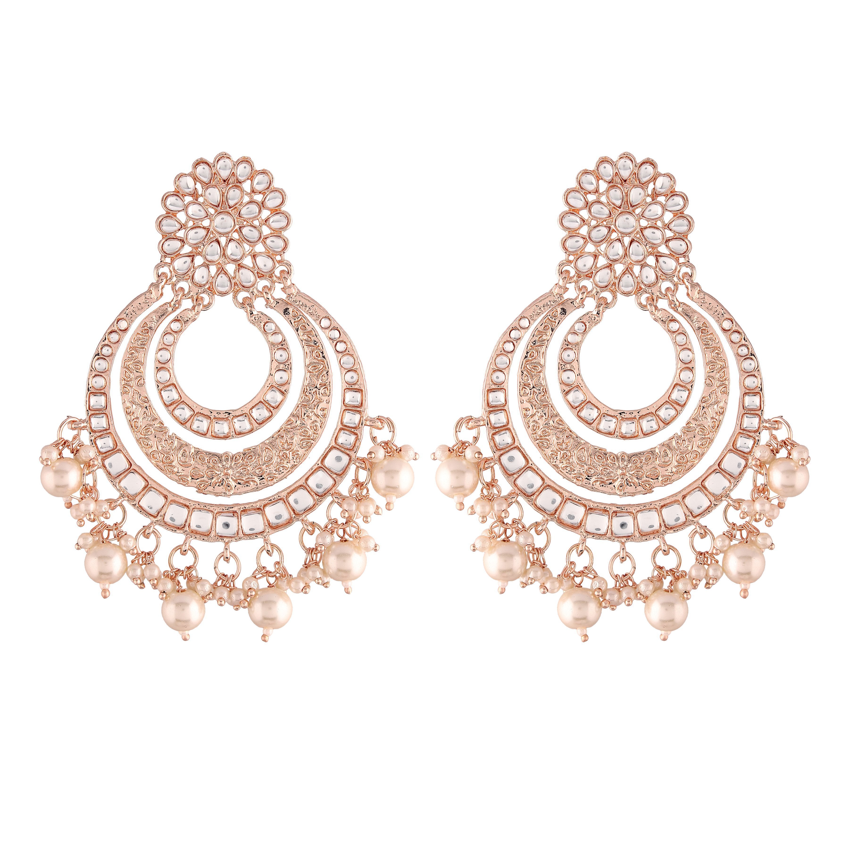 Women Rose Gold Kundan & Pearl Chandbali Earrings by I Jewels (1 Pair earrings)