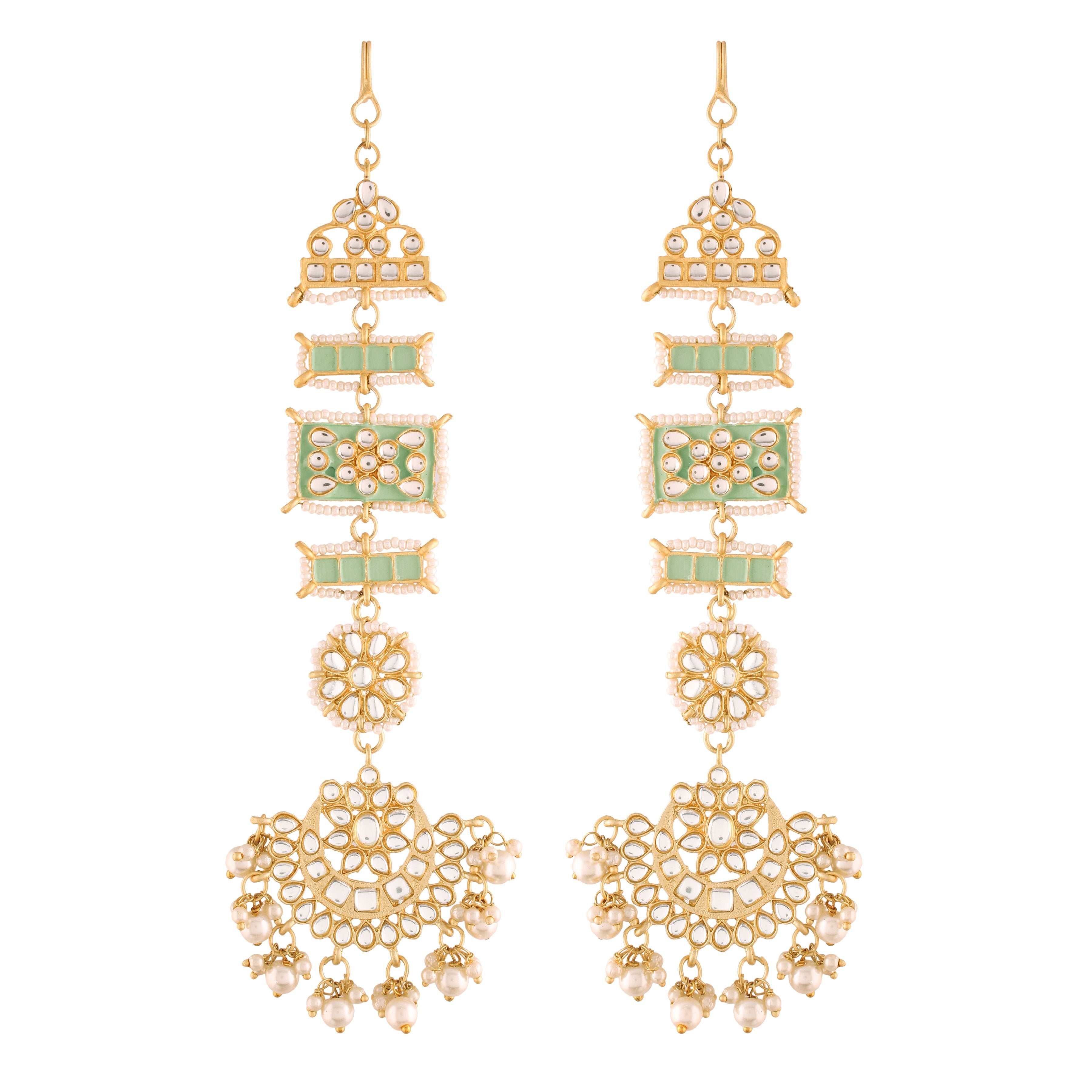 Women's Mint Gold Plated Zinc Alloy Matte Finish Kundan And Pearl Work Chandbali Earrings  - i jewels