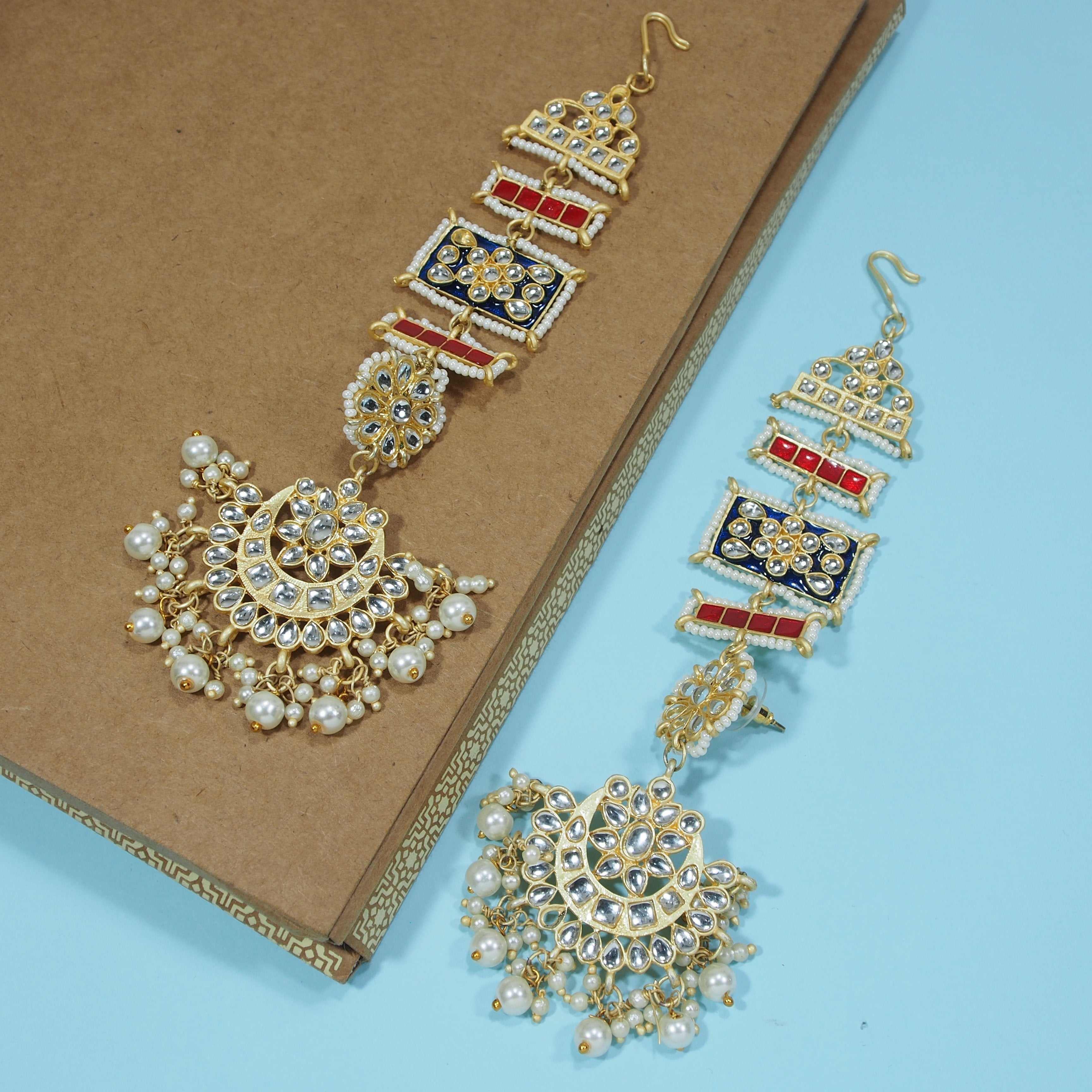 Women's Blue Gold Plated Zinc Alloy Matte Finish Kundan And Pearl Work Chandbali Earrings  - i jewels