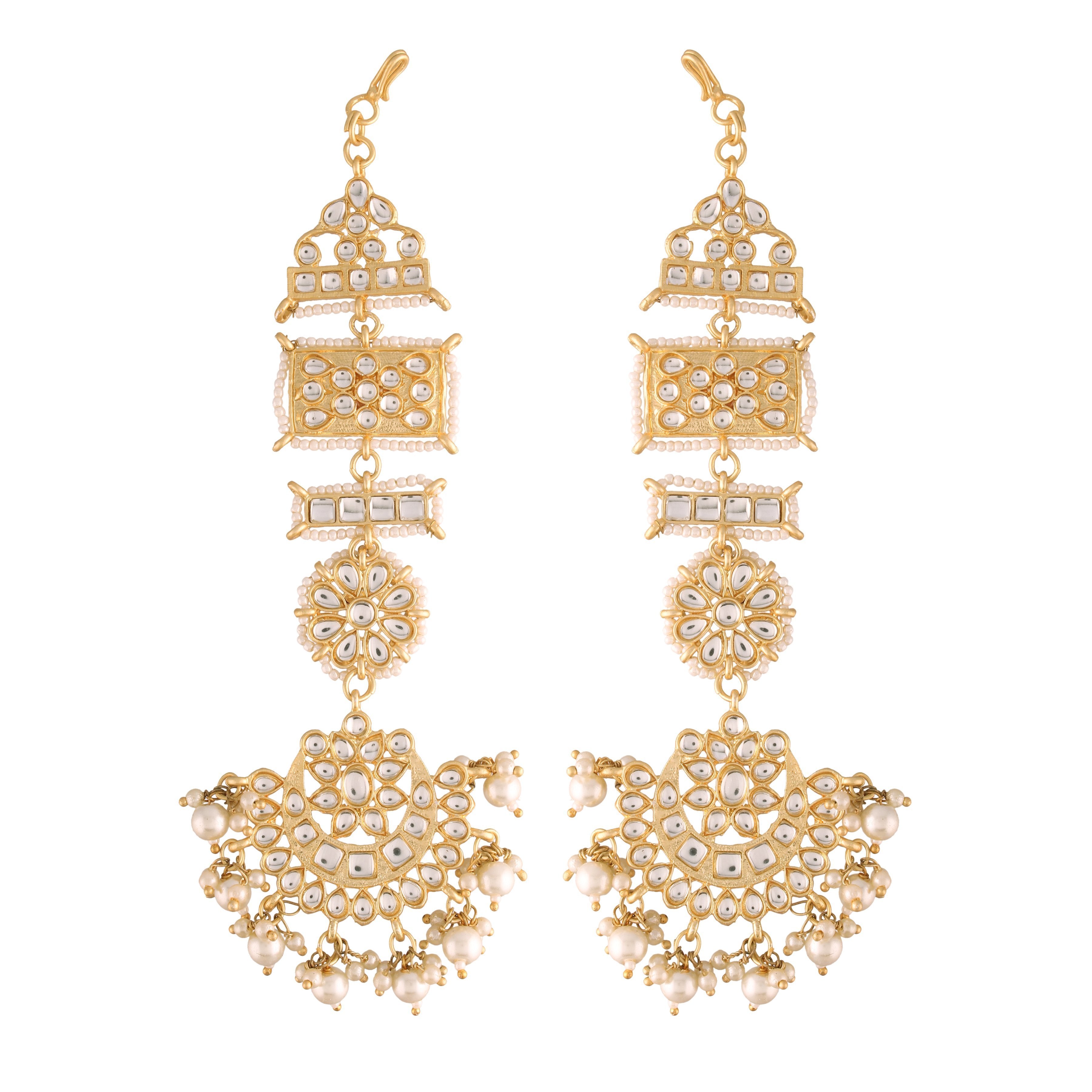 Women's Gold Plated Zinc Matte Finish Kundan And Pearl White Chandbali Earring - i jewels