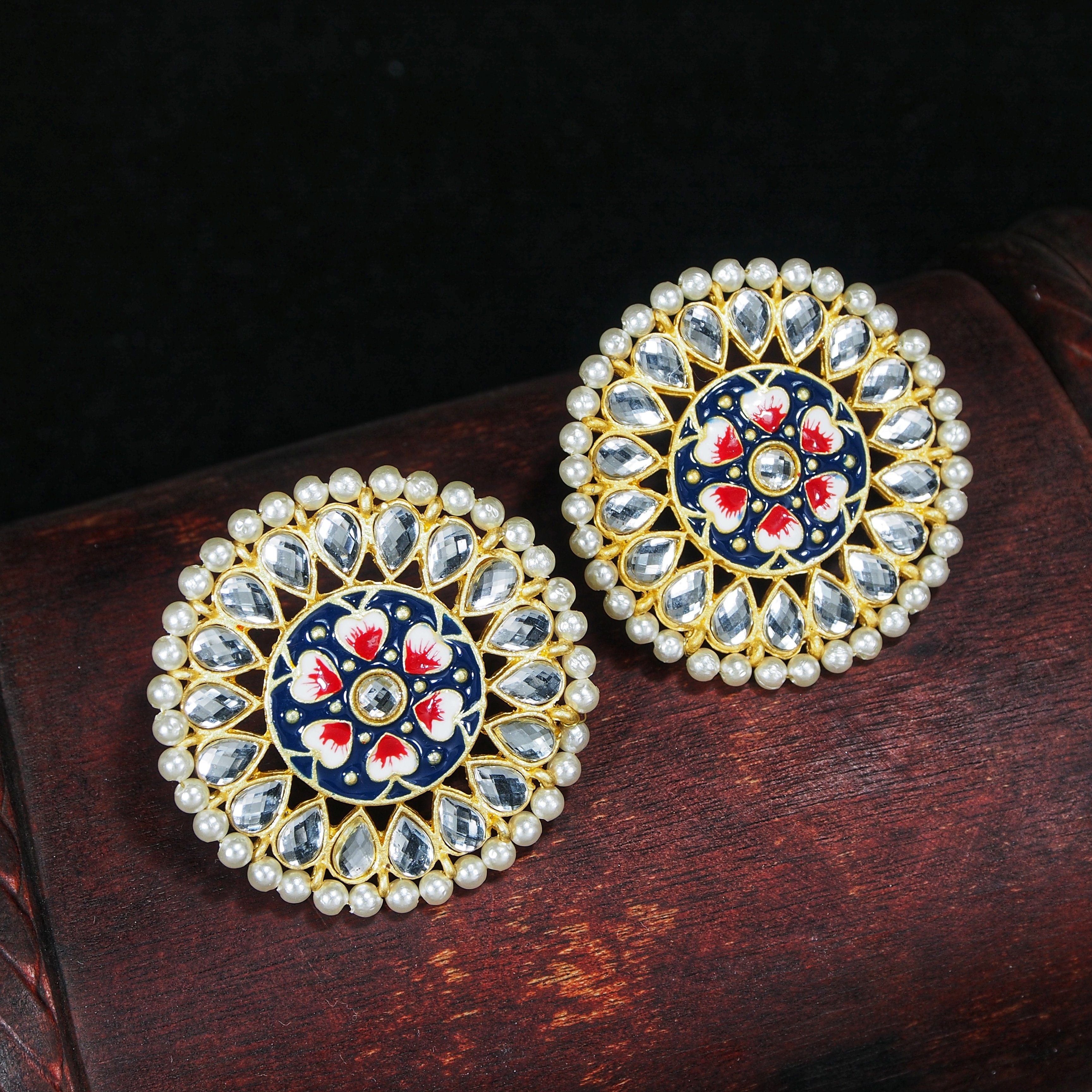 Women's  Gold Plated Round Kundan Pearl Meena Work Handcraft Blue Stud Earring - i jewels
