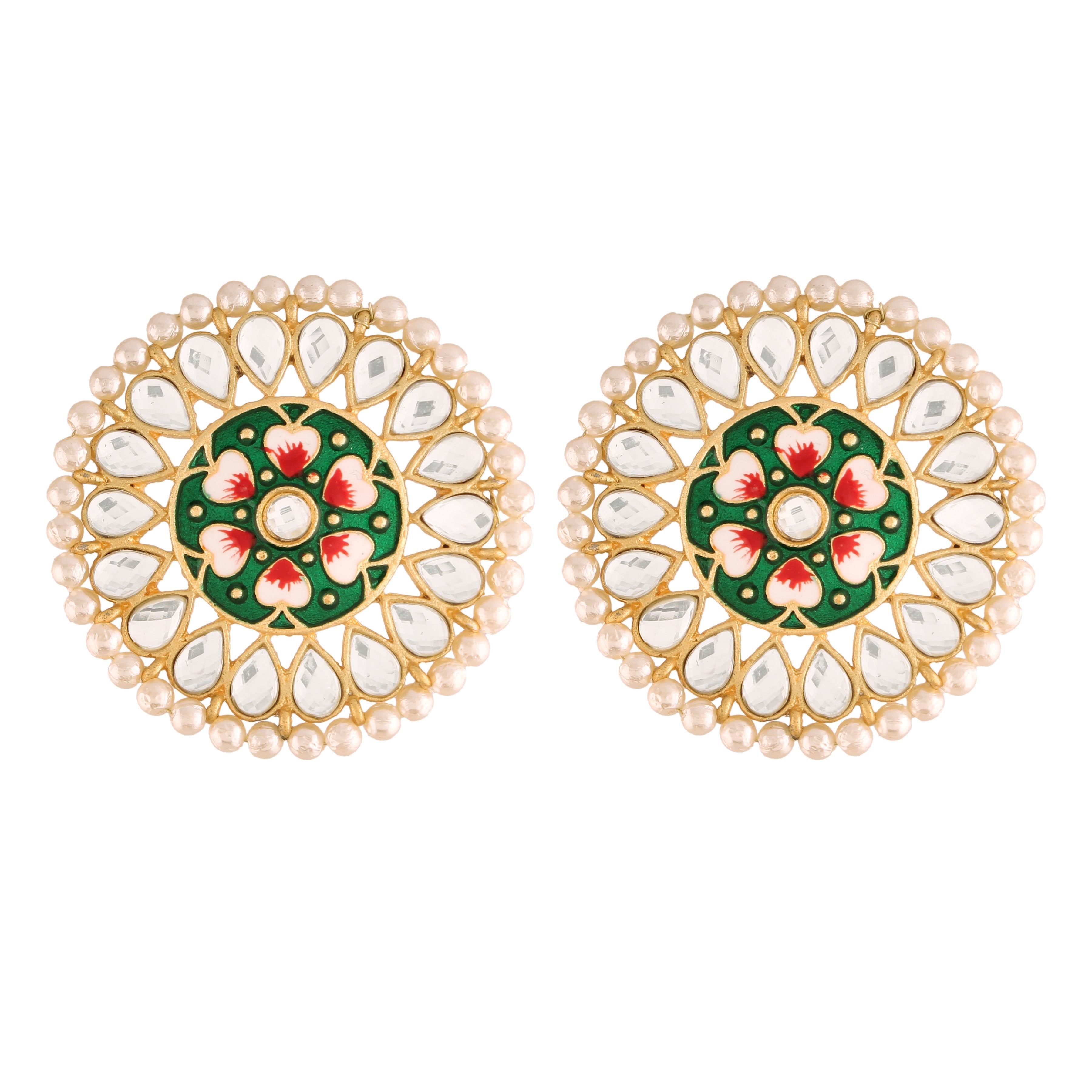 Women's  Gold Plated Round Kundan Pearl Meena Work Handcraft Green Stud Earring   - i jewels