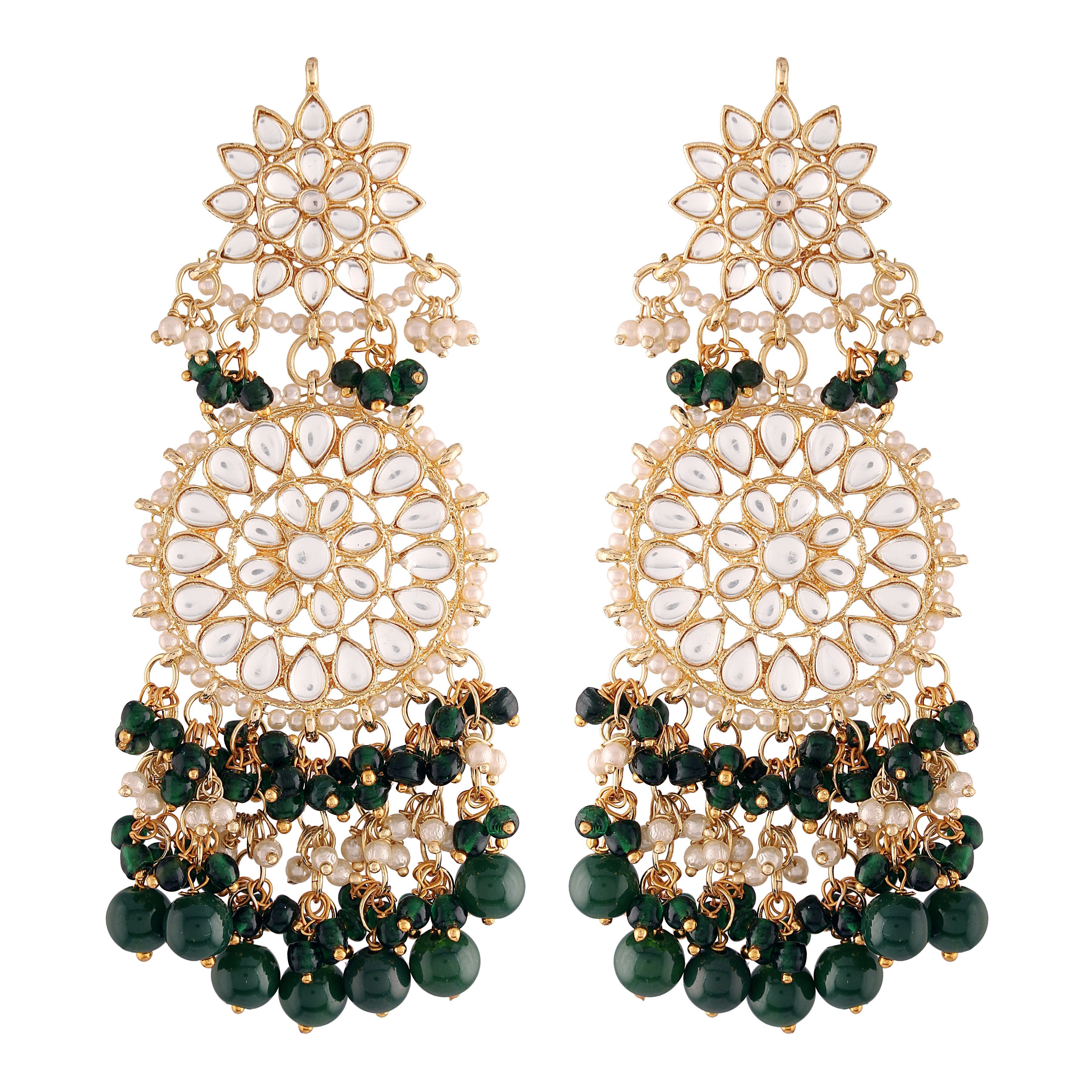 Women's  Gold Plated Green Drop Earrings Glided With Kundans & Pearls  - i jewels