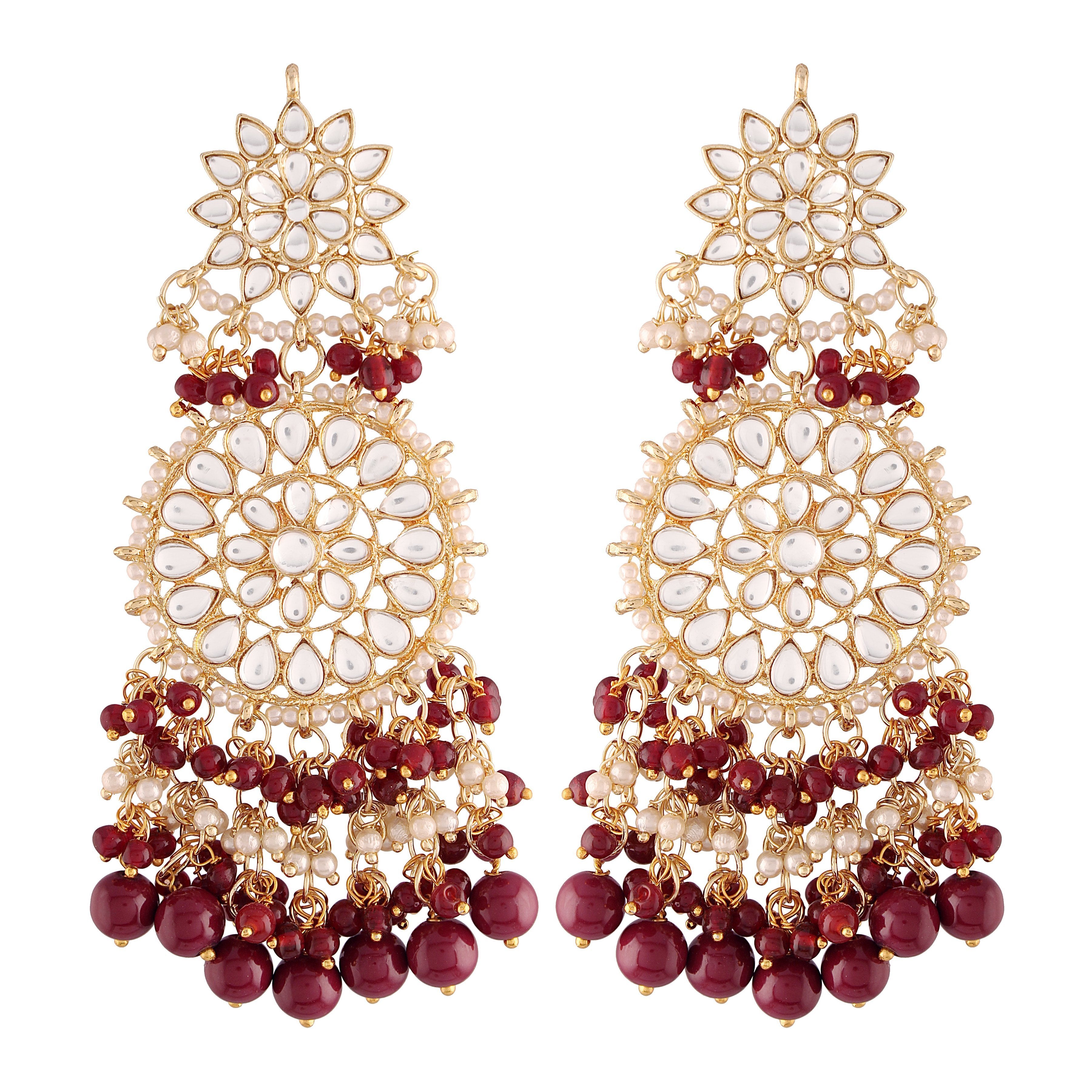 Women's  Gold Plated Maroon Drop Earrings Glided With Kundans & Pearls  - i jewels