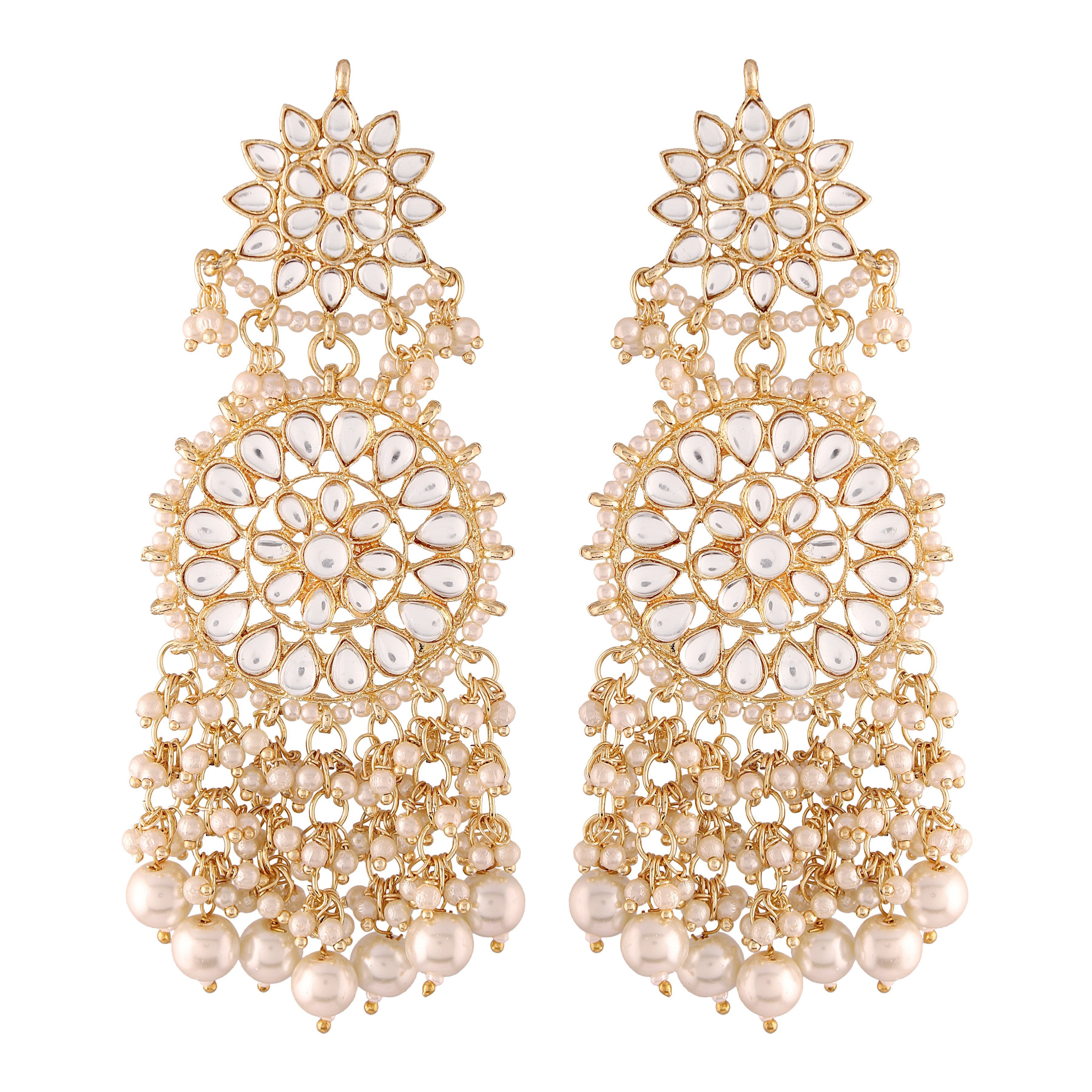 Women's  Gold Plated White Drop Earrings Glided With Kundans & Pearls  - i jewels