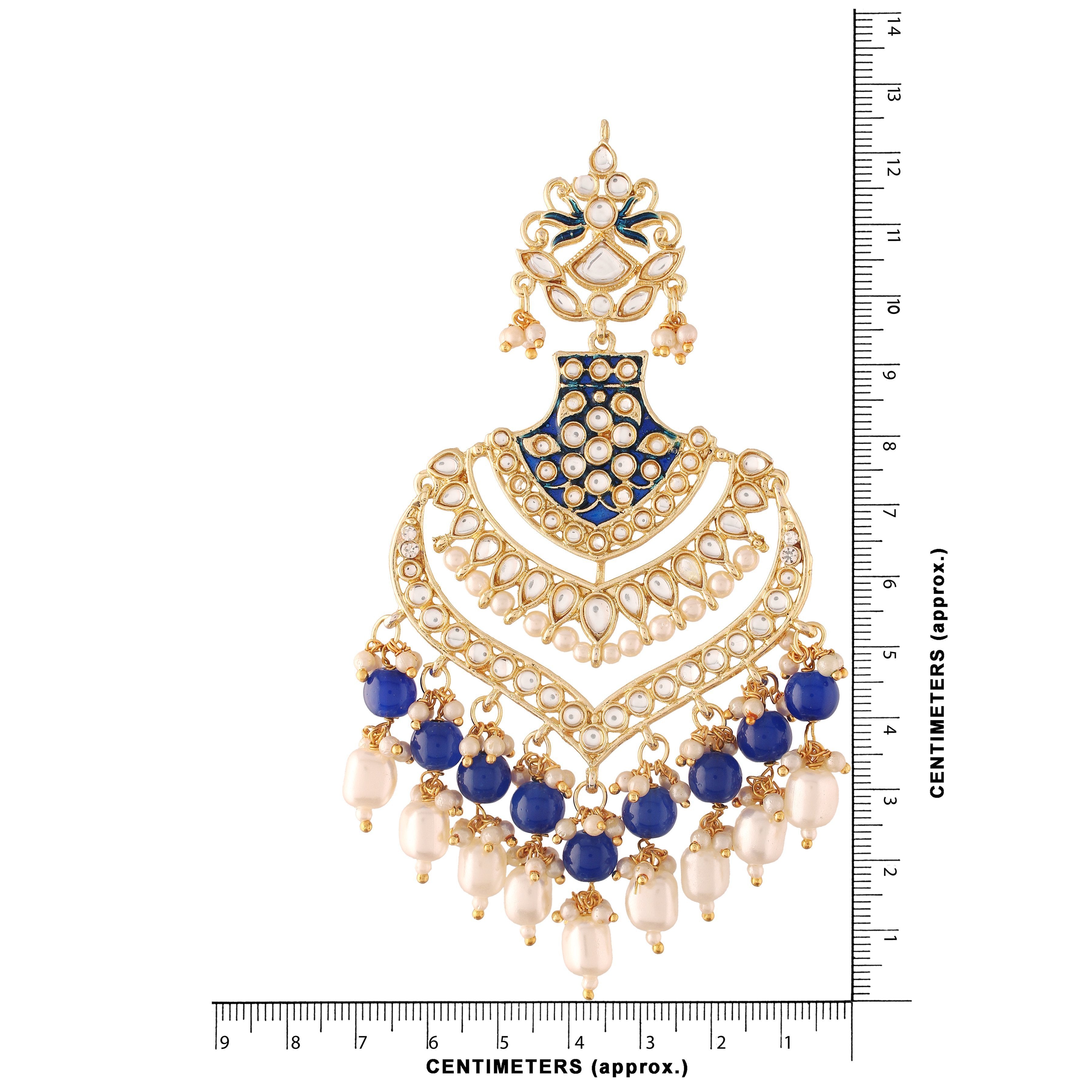 Women's  Gold Plated Blue Long Earrings Enamel Glided With Kundans & Pearls  - i jewels