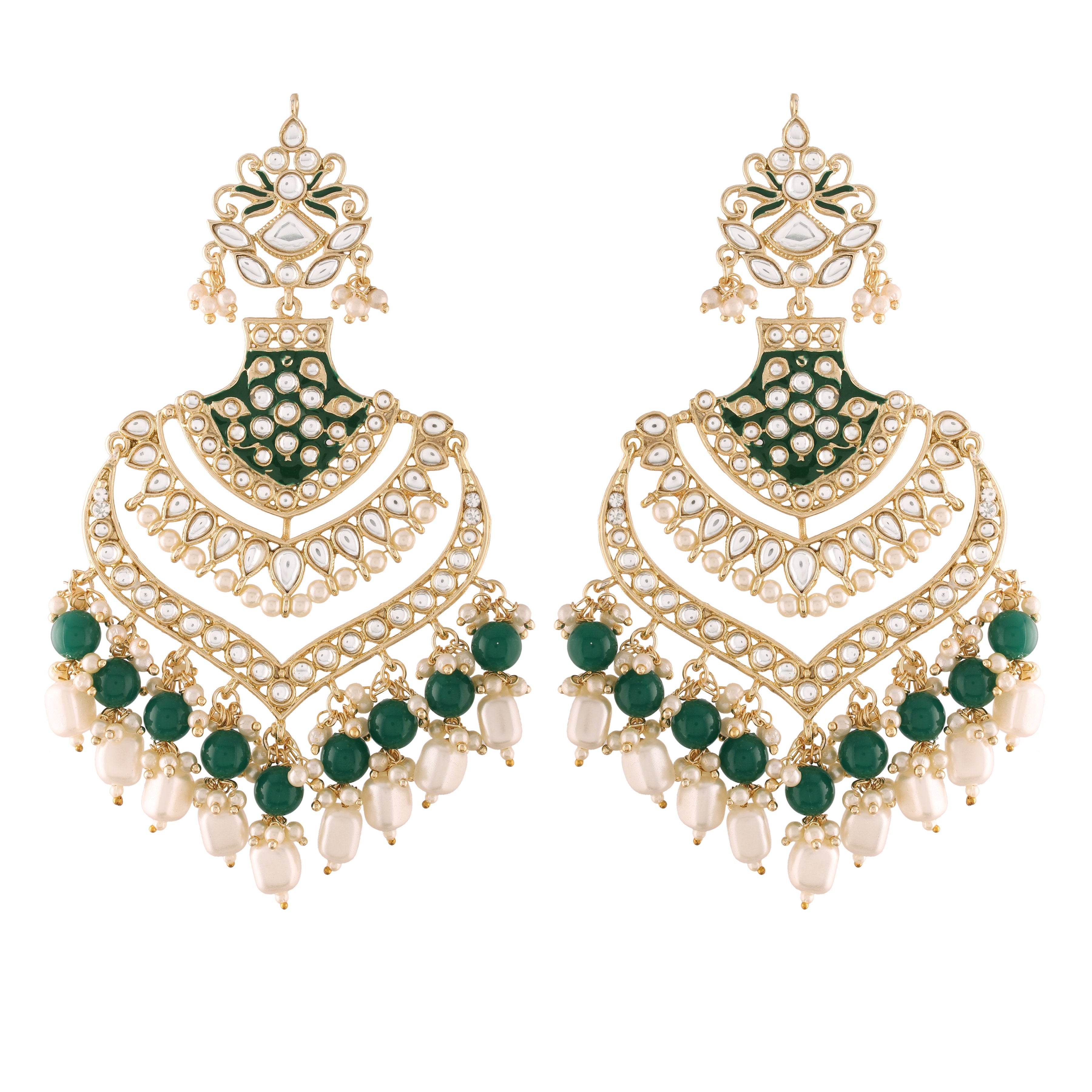 Women Golden and Green Kundan and Beads Earrings by I Jewels (1 Pc Set)