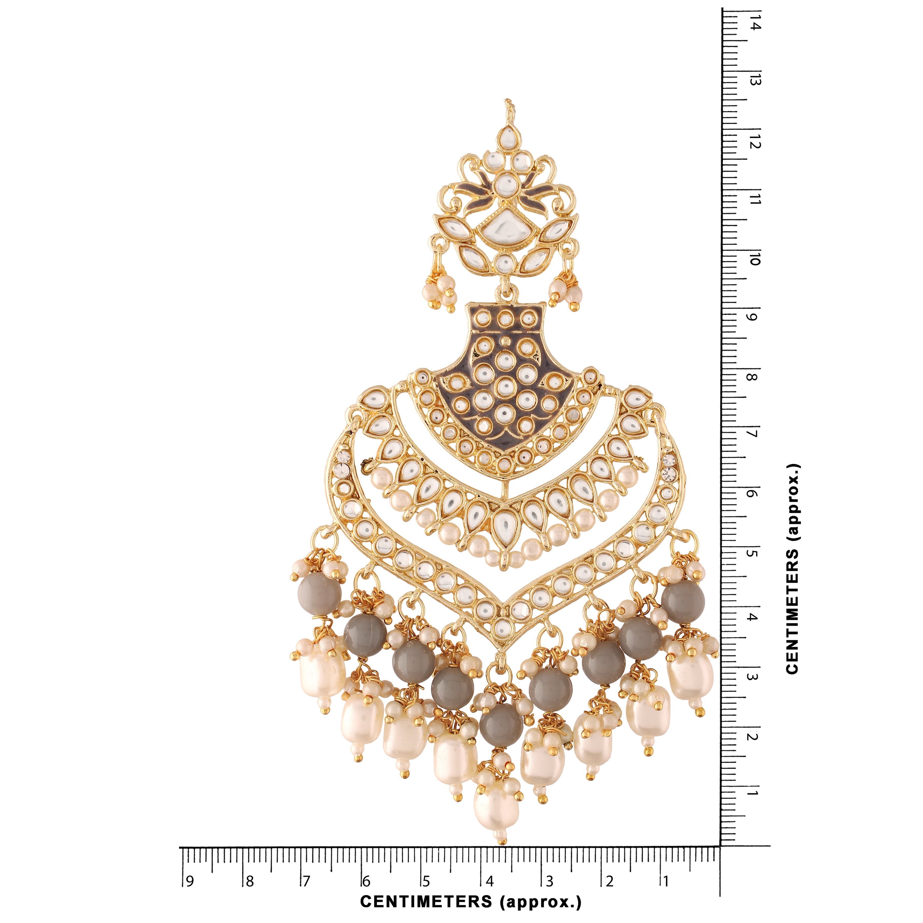 Women's  Gold Plated Grey  Long Earrings Enamel Glided With Kundans & Pearls - i jewels