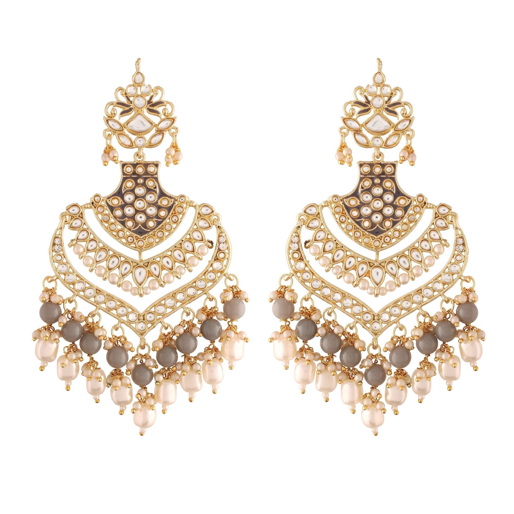 Women's  Gold Plated Grey  Long Earrings Enamel Glided With Kundans & Pearls - i jewels