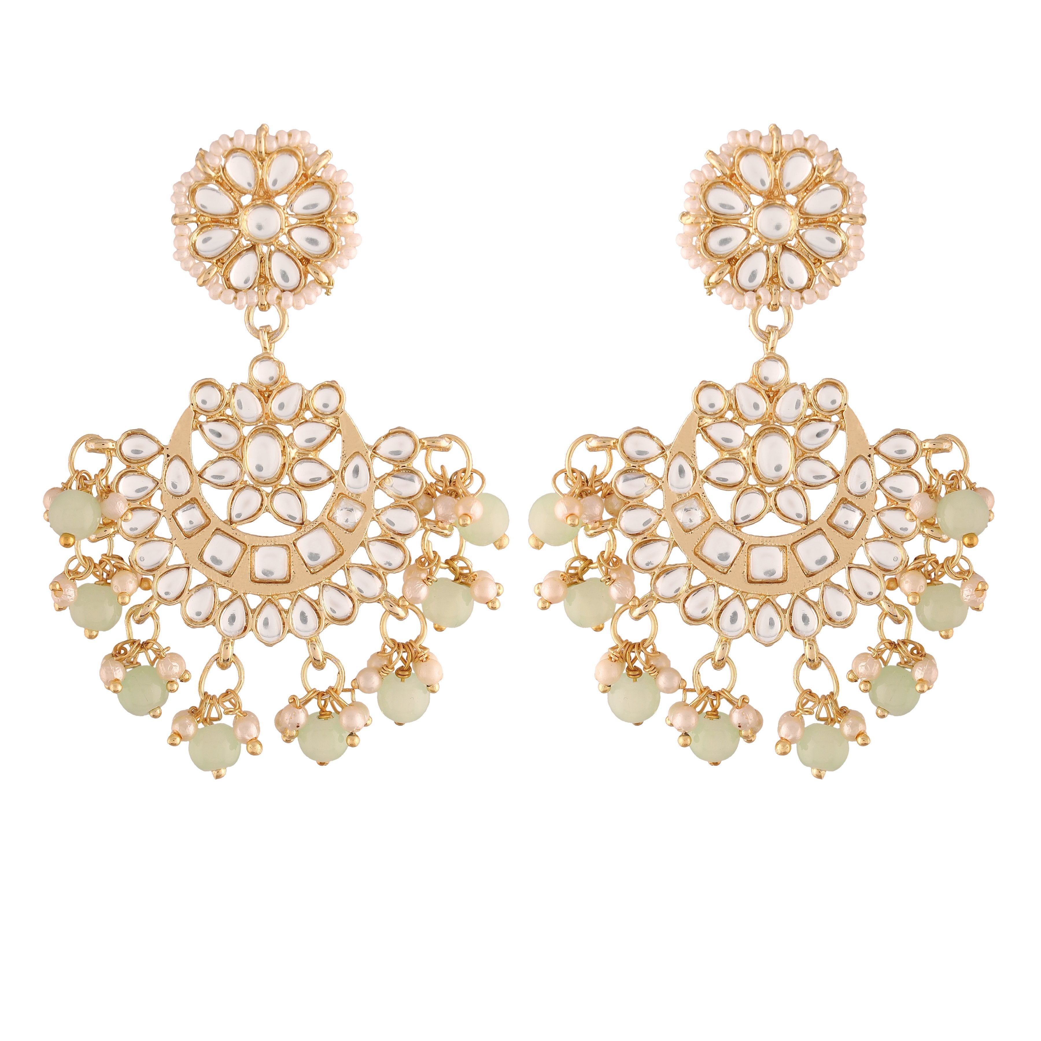 Women's  Gold Plated Matt Finish Mint Chandbali Earrings Handcrafted Kundan & Pearl  - i jewels